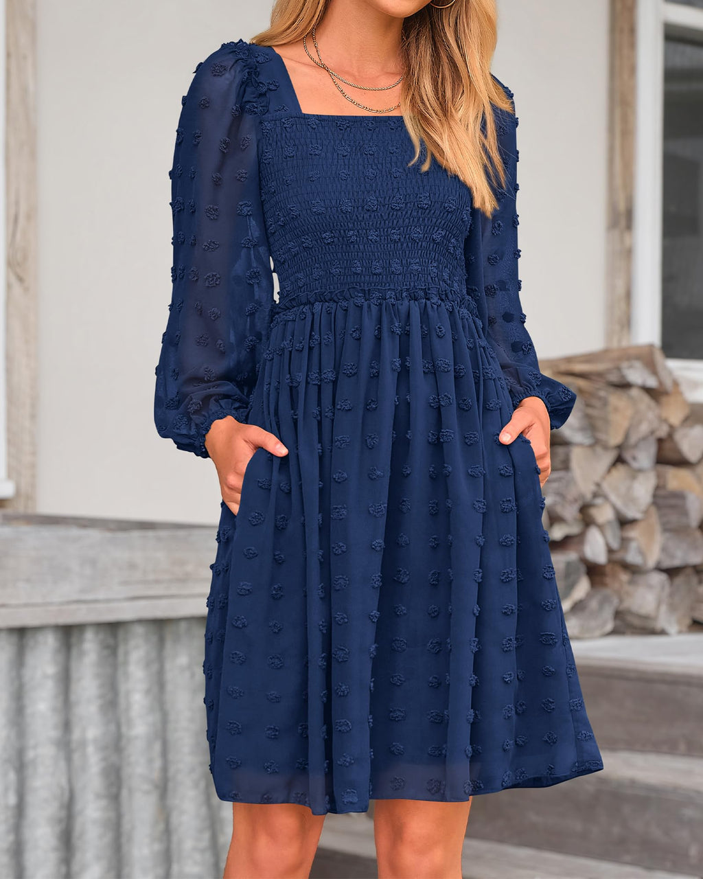 BTFBM Womens Long Sleeve Dress Summer Vacation Square Neck Smocked Floral Mini Boho Spring Wedding Guest Dresses