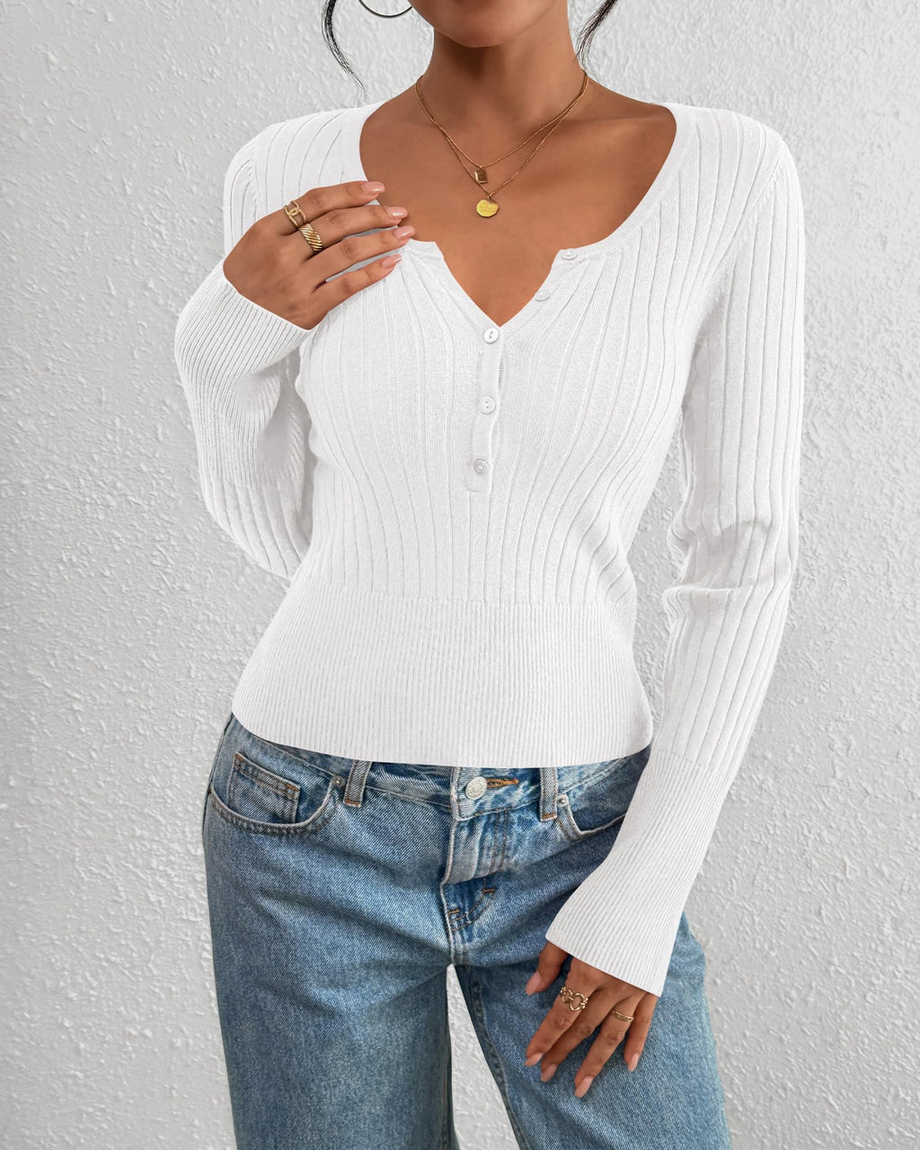 FreshPretty Fall Sweaters for Women Lightweight Long Sleeve Henley Shirts Button Up Knit Basic Slim Fit Going Out Tops