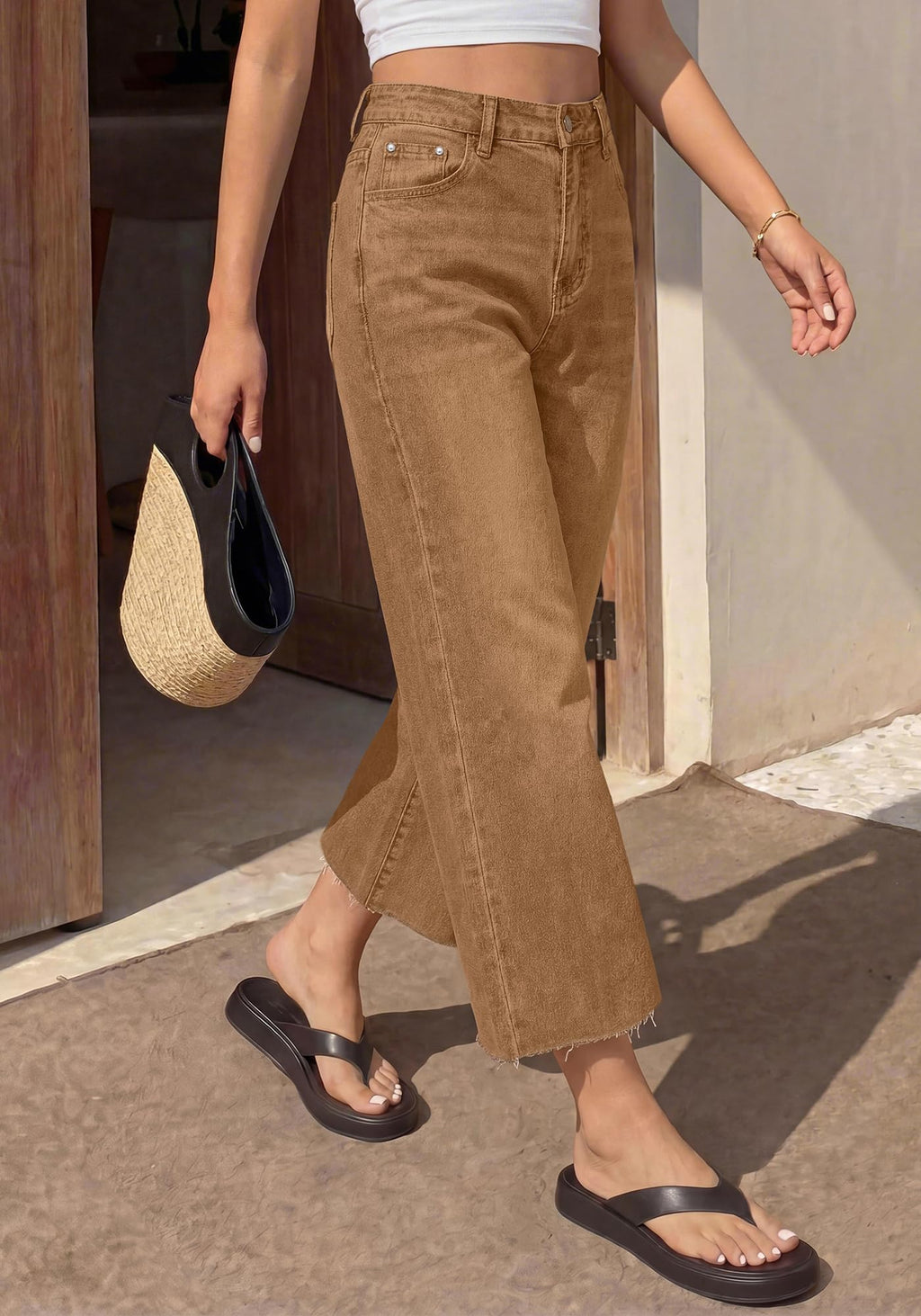 BTFBM Jeans for Women Summer High Waisted Button Straight Leg Stretchy Cropped Raw Hem Trendy Denim Pants Pockets