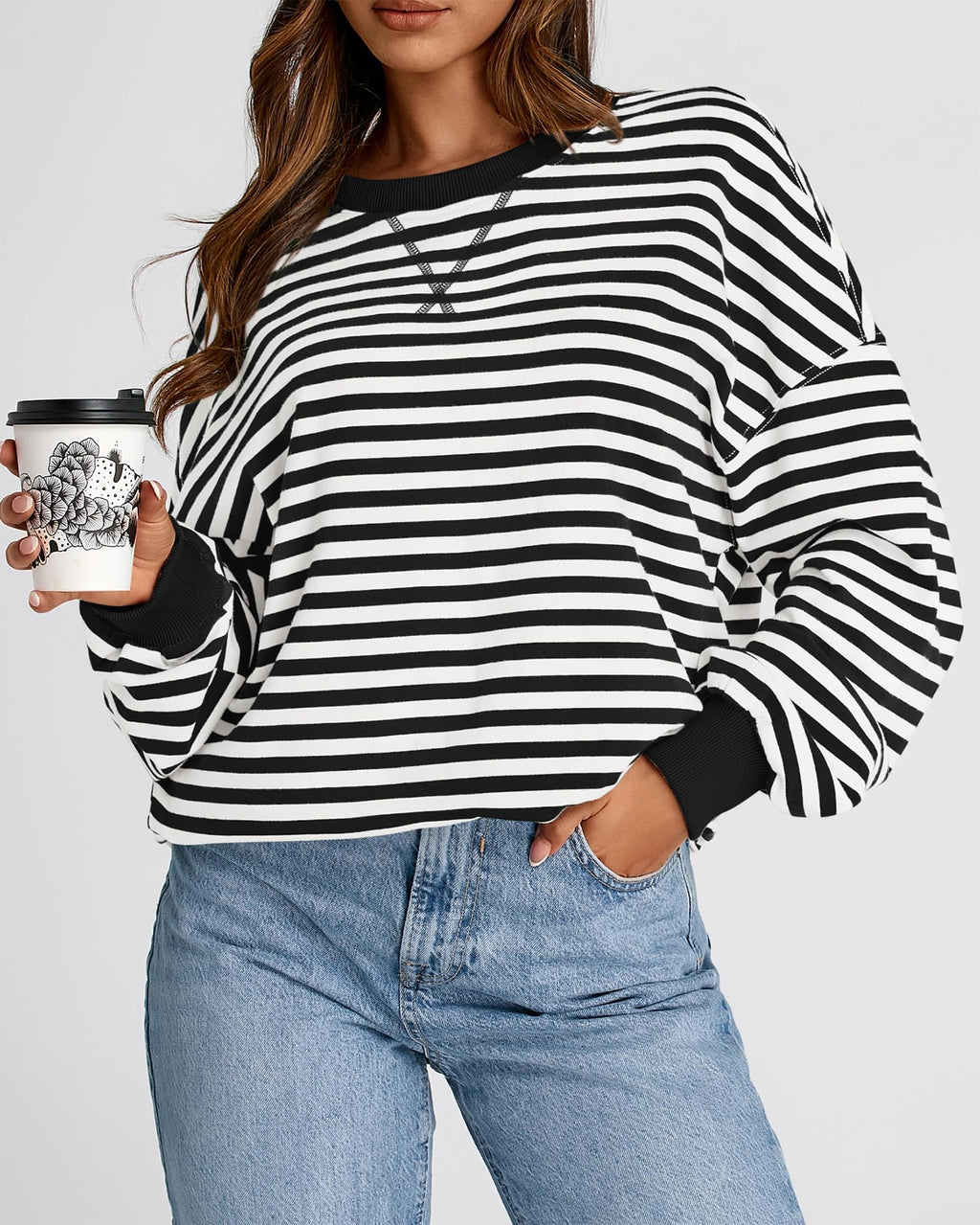 BTFBM Sweatshirt For Women Summer Crewneck Long Sleeve Oversized Striped Pullover Tops Y2K Clothes Workout Shirt