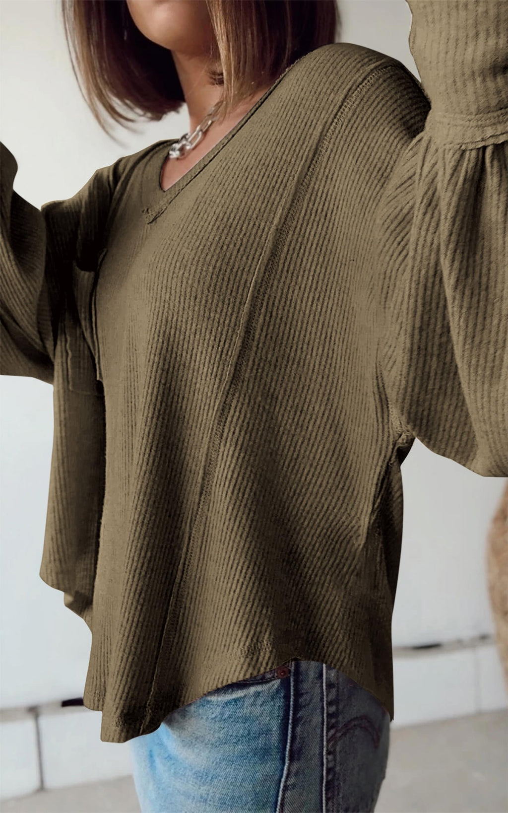 FreshPretty Womens Fall Fashion Long Sleeve Shirts Casual V Neck Ribbed Knit Blouses Pullover Trendy Loose Fit Tunic Tops