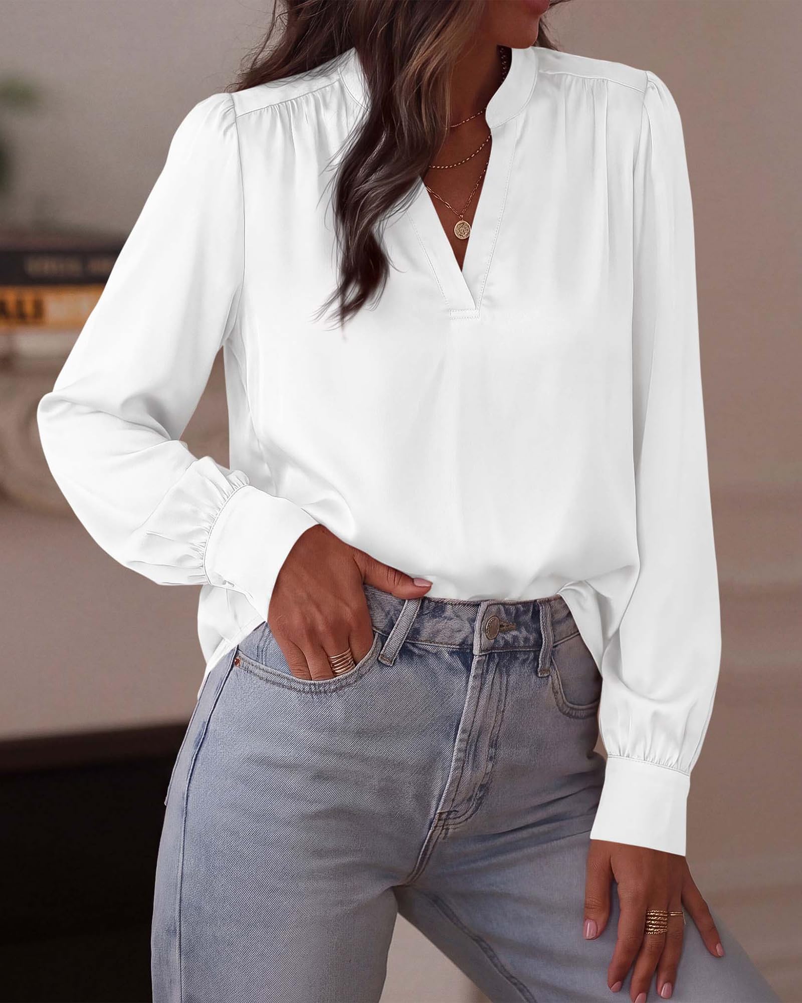 BTFBM Satin Blouses for Women Dressy Casual | Lightweight,V Neck,Long Sleeve Tops,Going Out Outfits,Fall Fashion Clothing