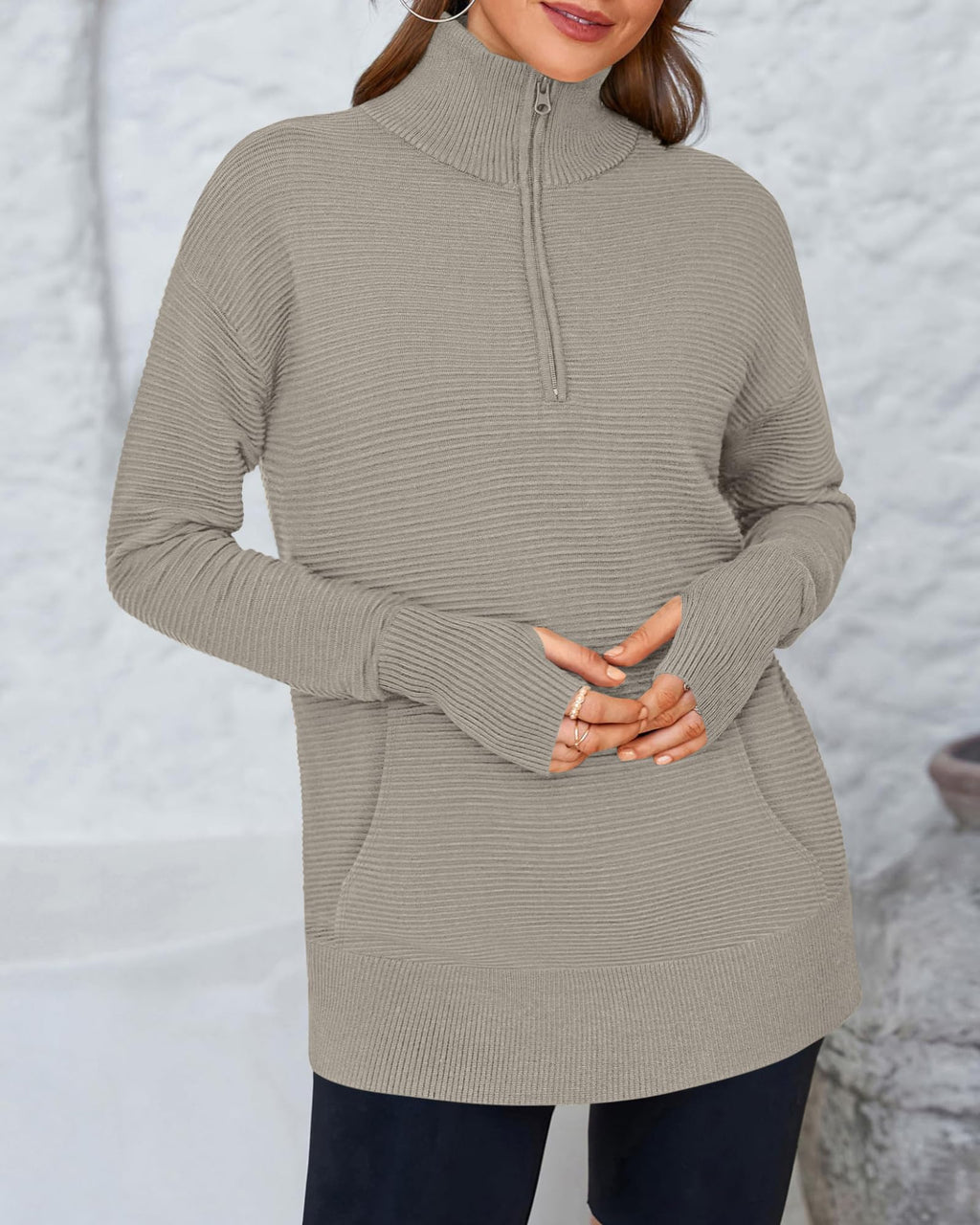 BTFBM Sweaters for Women Fall Clothes Pocket Quarter Zip Pullover V Neck Long Sleeve Knit Trendy Winter Sweater