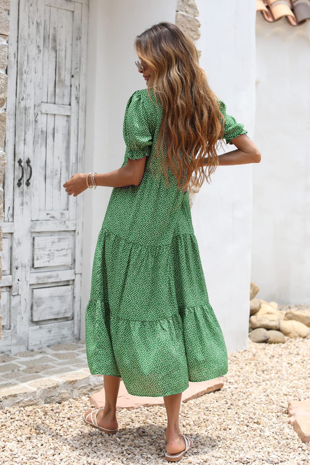 PRETTYGARDEN Summer Dresses for Women Casual Floral Boho Midi Sun Dress Puff Short Sleeve Flowy Beach Vacation Sundress