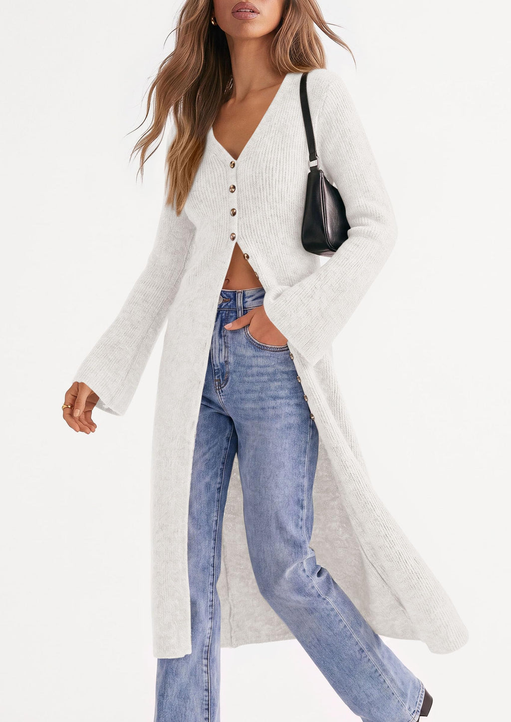 PRETTYGARDEN Women Long Cardigan Bell Sleeve Sweater Dress Early Fall Fashion, V Neck Button Down Coats, Fit and Flare, Duster Sweater, Acrylic Cotton Blend