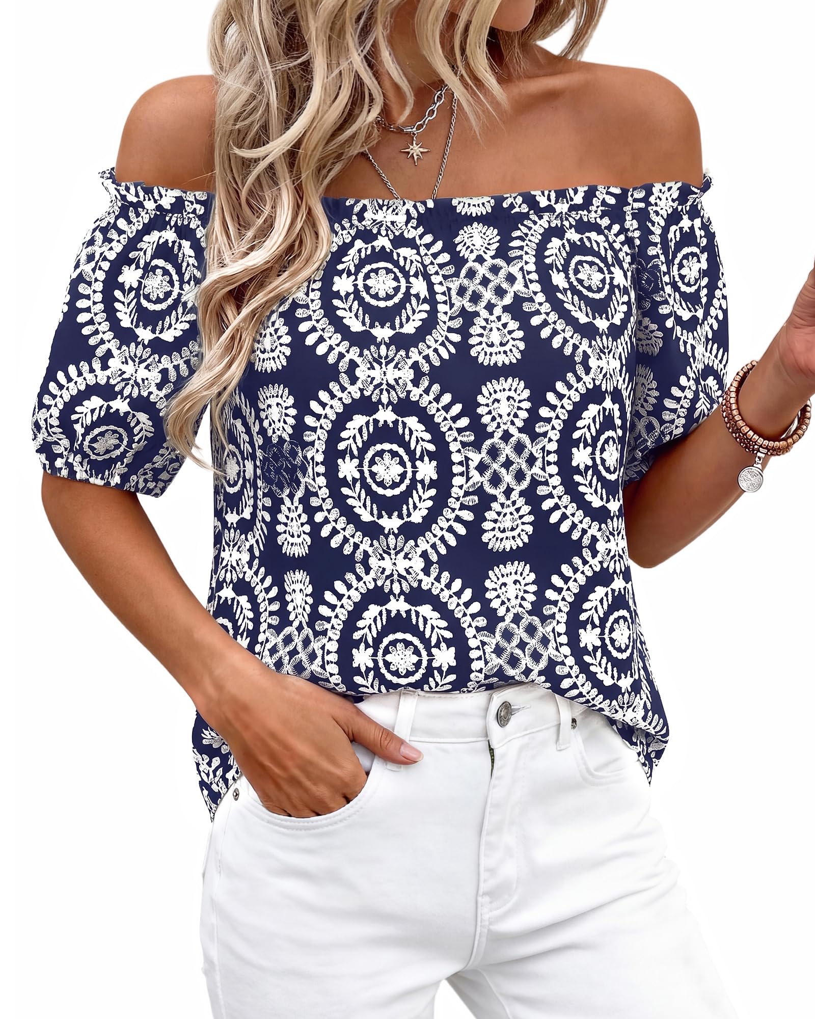 BTFBM Off The Shoulder Spring Tops for Women Summer Blouses Boho Floral Short Sleeve Shirts Dressy Casual Outfits