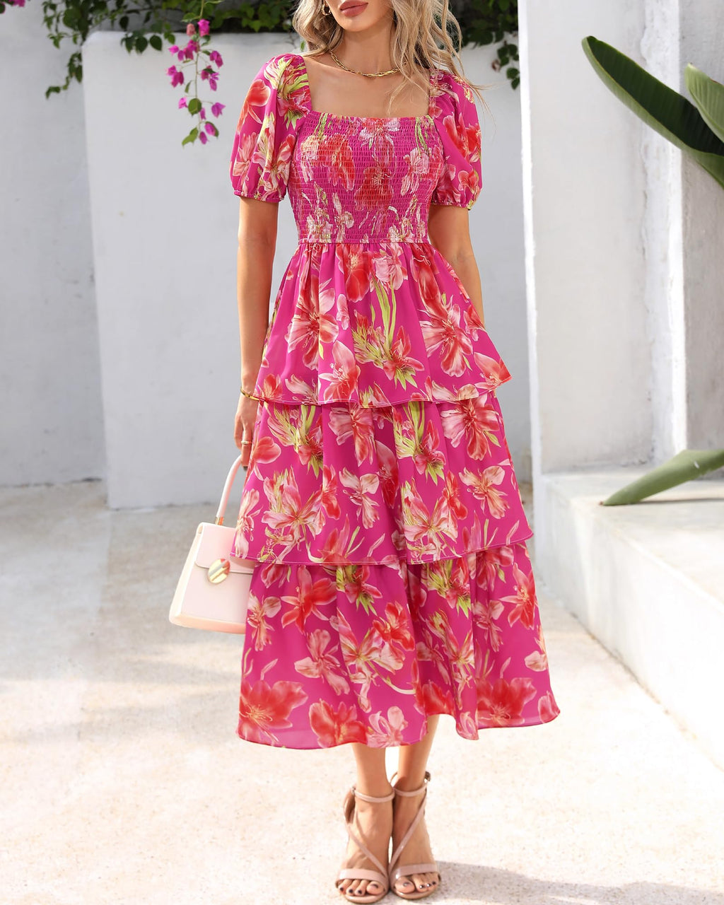 BTFBM Womens Square Neck Smocked Dress Summer Puff Short Sleeve Floral Casual Ruffle Tiered Maxi Wedding Guest Dresses
