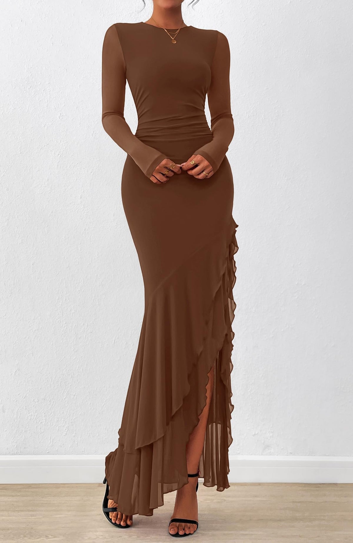 BTFBM Women's Maxi Dresses Fall Long Sleeve Wedding Guest Dress Mesh,Ruched,Bodycon,High Split,Solid Color,Ruffle, Mermaid,Cocktail Dresses,Prom,Party,Homecoming Dress,Fall Outfits