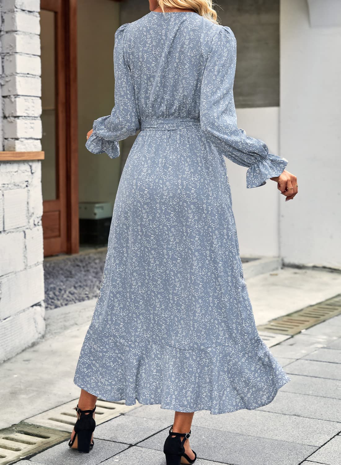 BTFBM Womens Dresses Summer V Neck Floral High Waist Ruffle Wedding Guest Cocktail Boho Spring Long Sleeve Dress