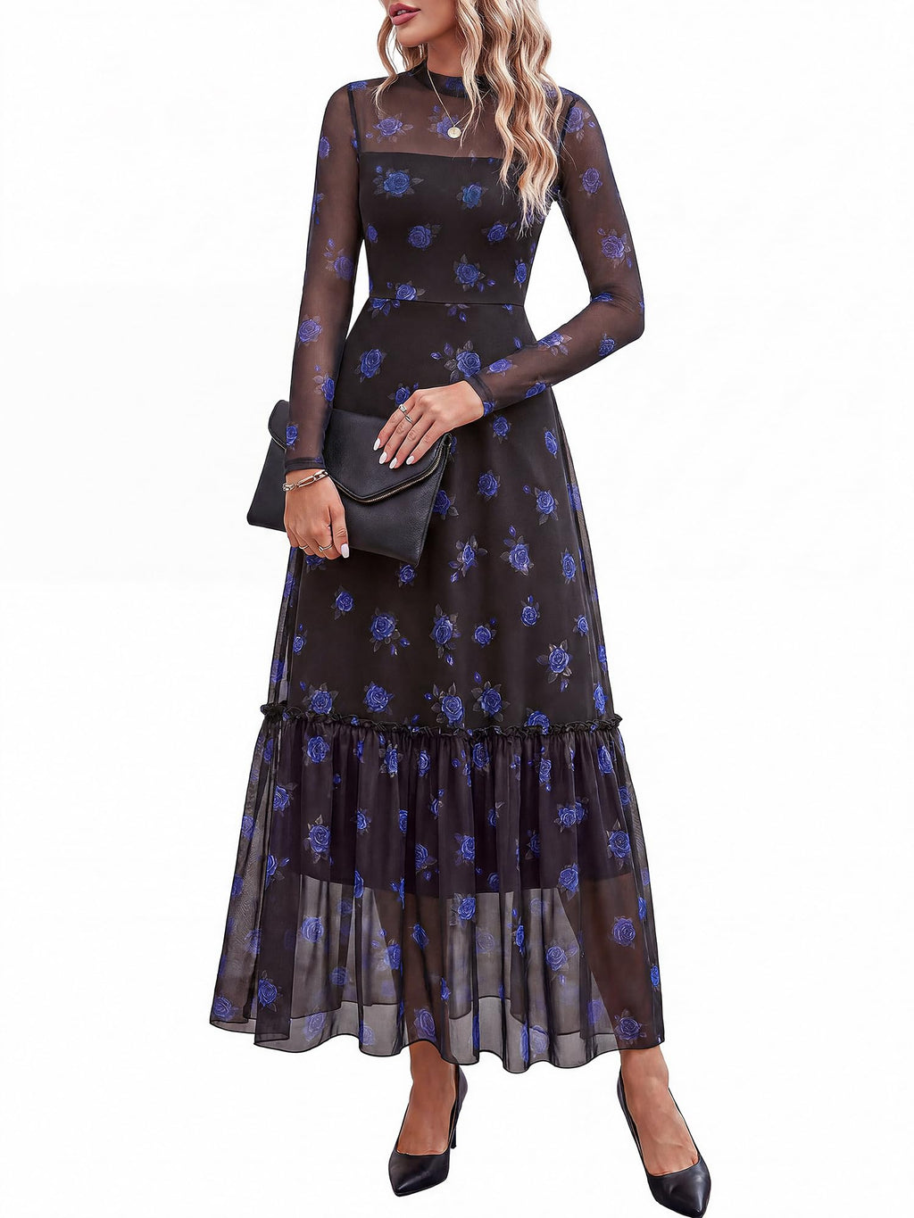 BTFBM Boho Mesh Long Sleeve Dress for Women | Mock Neck, Floral, A Line, Tiered, Graduation, Wedding, Cocktail Maxi Dresses, Fall Fashion, Resort Wear
