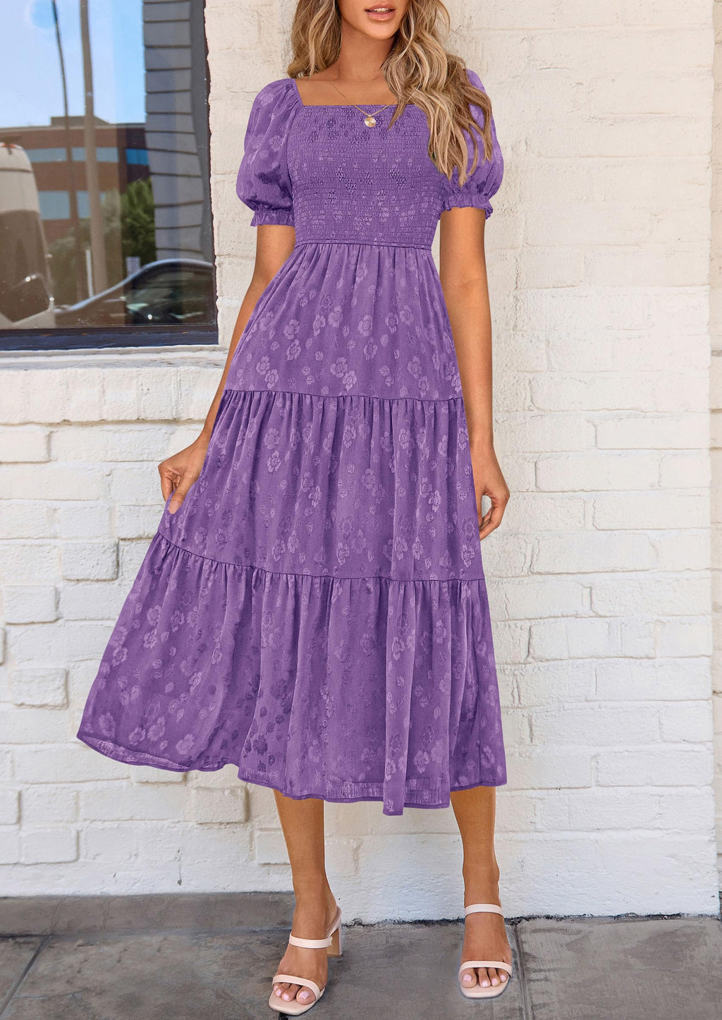 PRETTYGARDEN Women's Summer Casual Midi Dresses Square Neck Short Sleeve Smocked A Line Floral Flowy Elegant Boho Dress