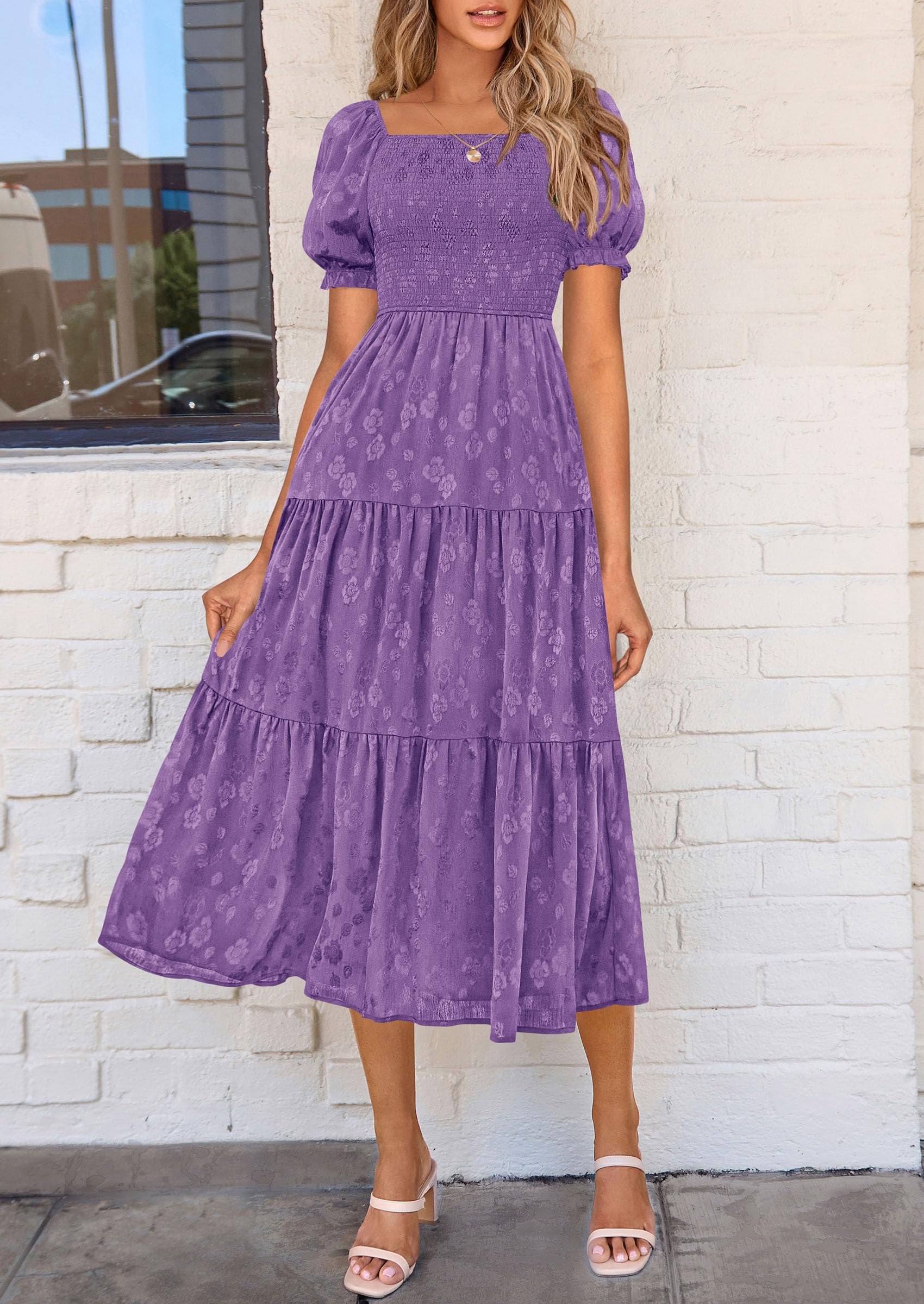 PRETTYGARDEN Women's Summer Casual Midi Dresses Square Neck Short Sleeve Smocked A Line Floral Flowy Elegant Boho Dress