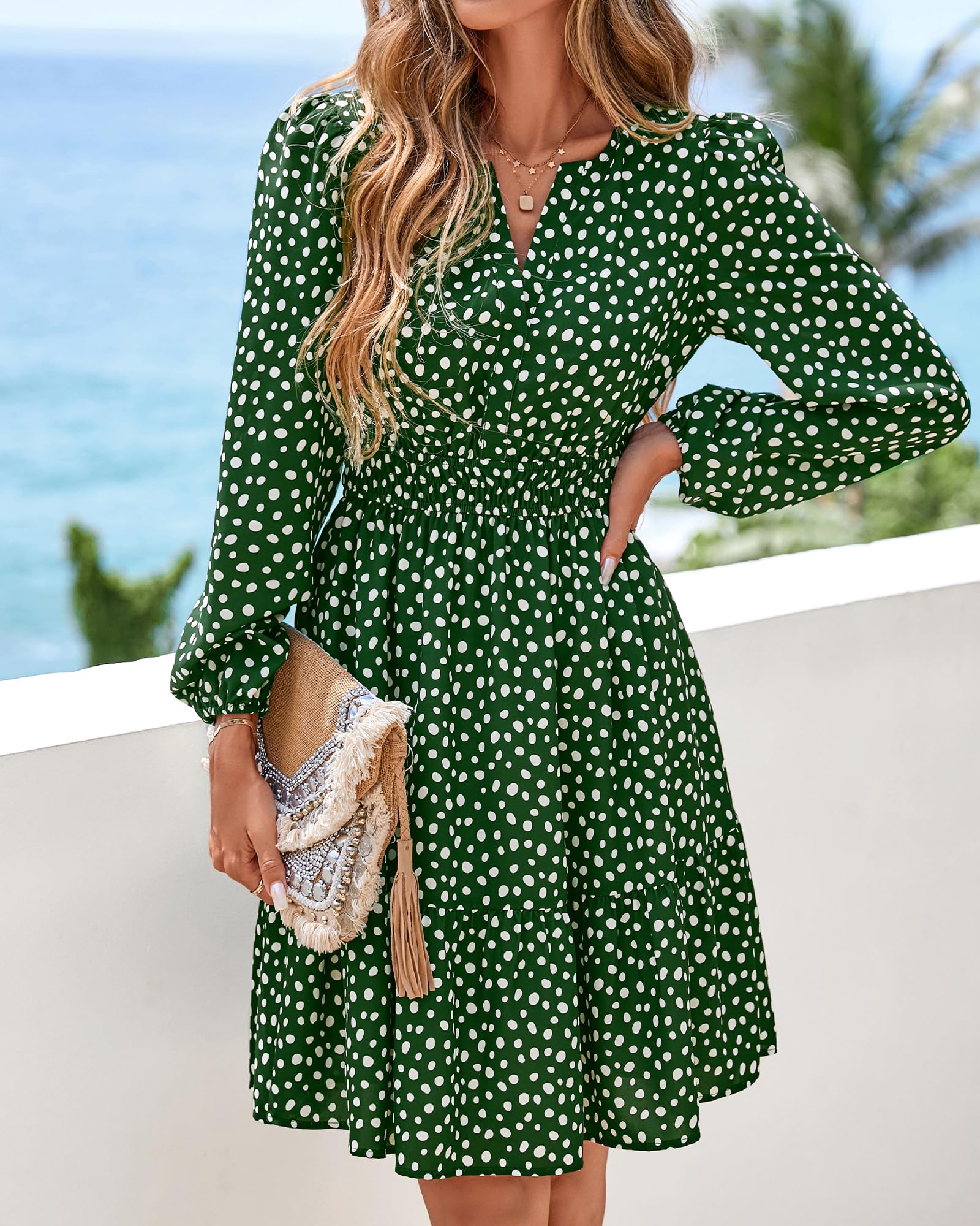 BTFBM Spring Dresses for Women Mini Long Sleeve Elastic Waist Summer Vacation Outfits Floral Wedding Guest Dress