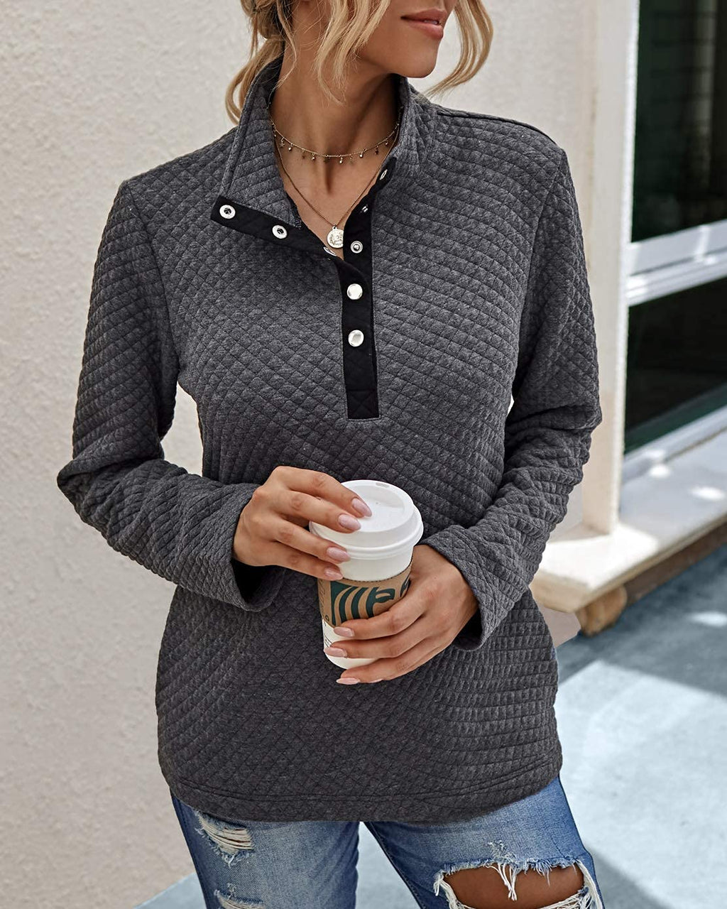 BTFBM Women Fashion Quilted Pattern Lightweight Zipper Long Sleeve Plain Casual Ladies Sweatshirts Pullovers Shirts Tops