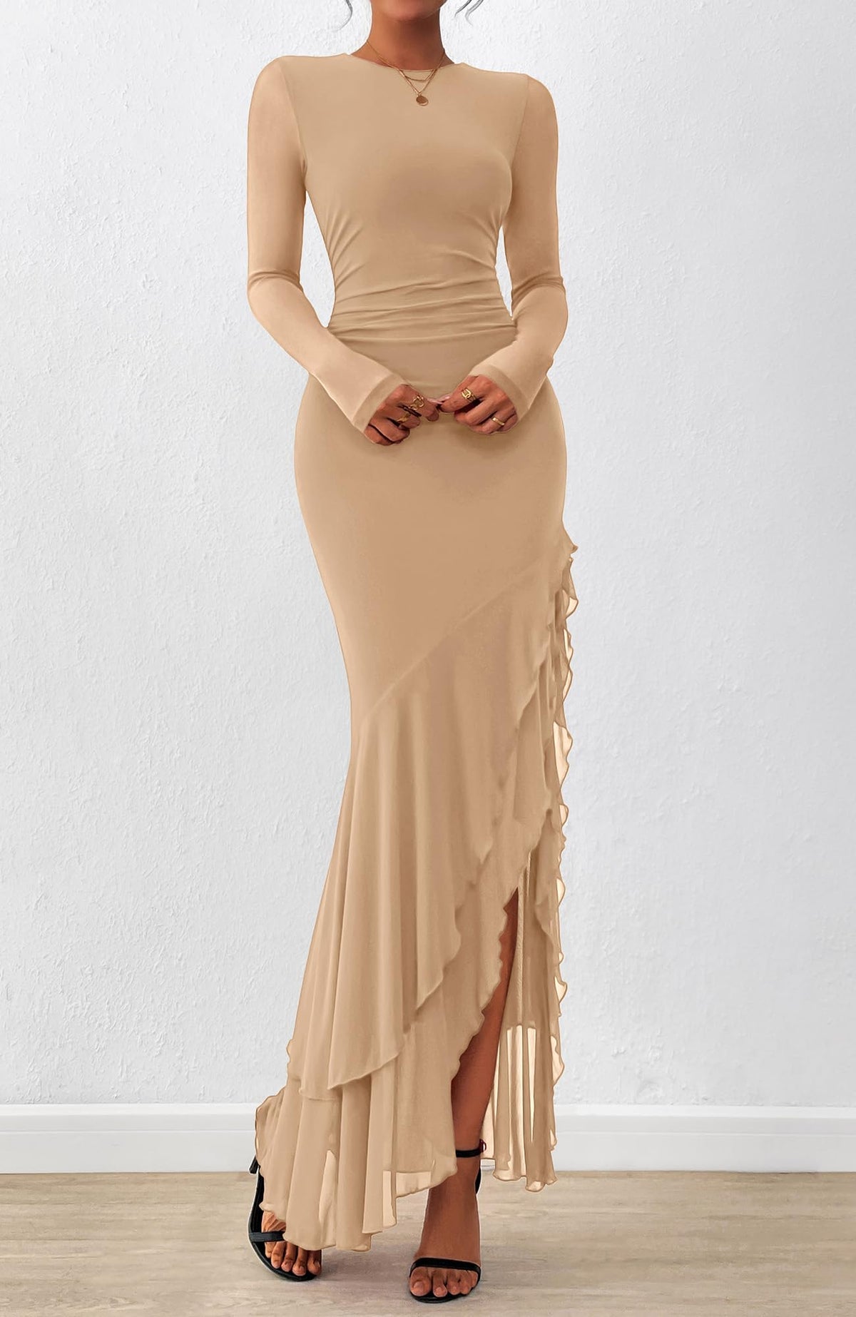 BTFBM Women's Maxi Dresses Fall Long Sleeve Wedding Guest Dress Mesh,Ruched,Bodycon,High Split,Solid Color,Ruffle, Mermaid,Cocktail Dresses,Prom,Party,Homecoming Dress,Fall Outfits