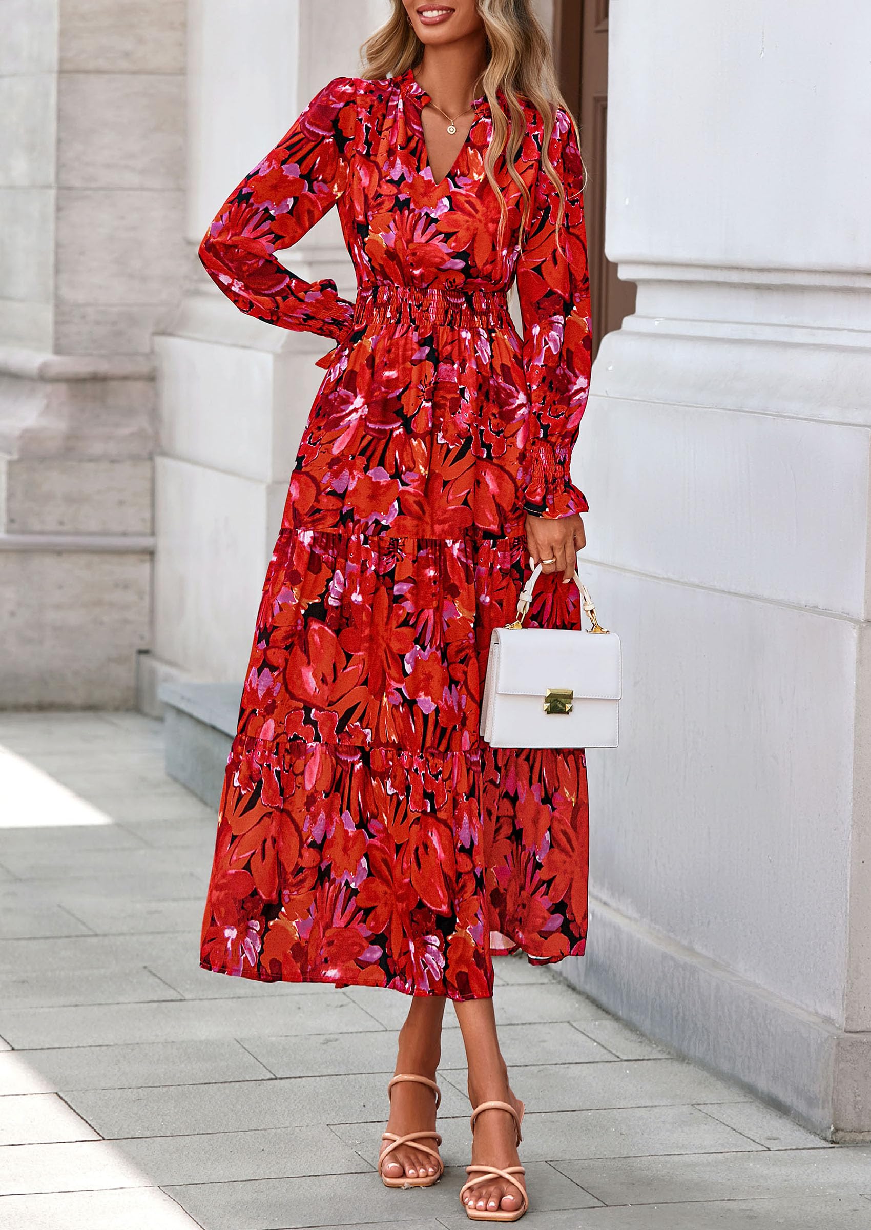 PRETTYGARDEN Women's Floral Maxi Dress Fall Long Sleeve V Neck Casual A Line Long Flowy Boho Party Dresses