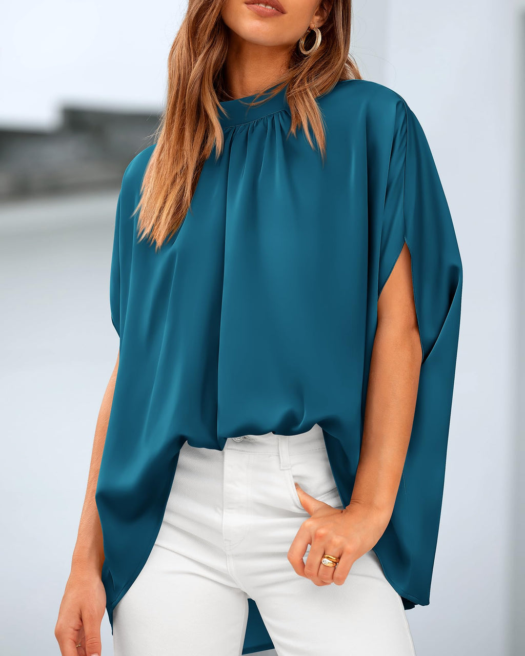 BTFBM Womens Summer Tops Mock Neck Batwing Sleeve Silk Satin Shirts Loose Oversized Dressy Casual Spring Blouses
