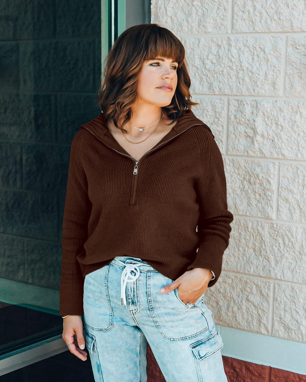 FreshPretty Womens Sweaters Quarter Zip Pullover V Neck Collar Long Sleeve Ribbed Knit Loose Casual Winter Fall Sweater