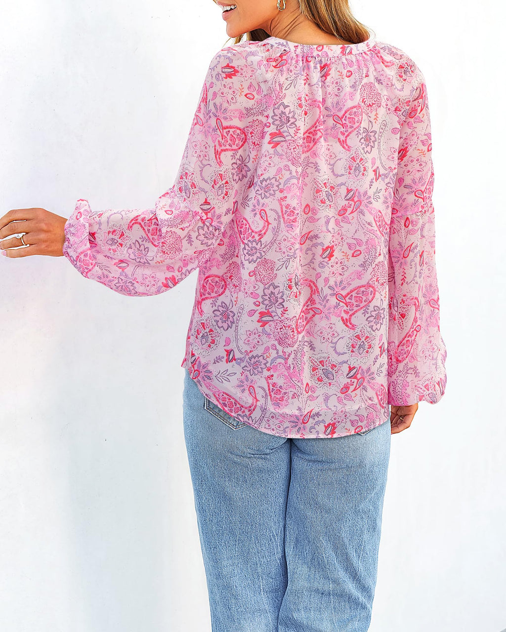 FreshPretty Blouses for Women Floral Boho Tops V Neck Lightweight Long Sleeve Shirts Fall Dressy Casual Vacation Outfits