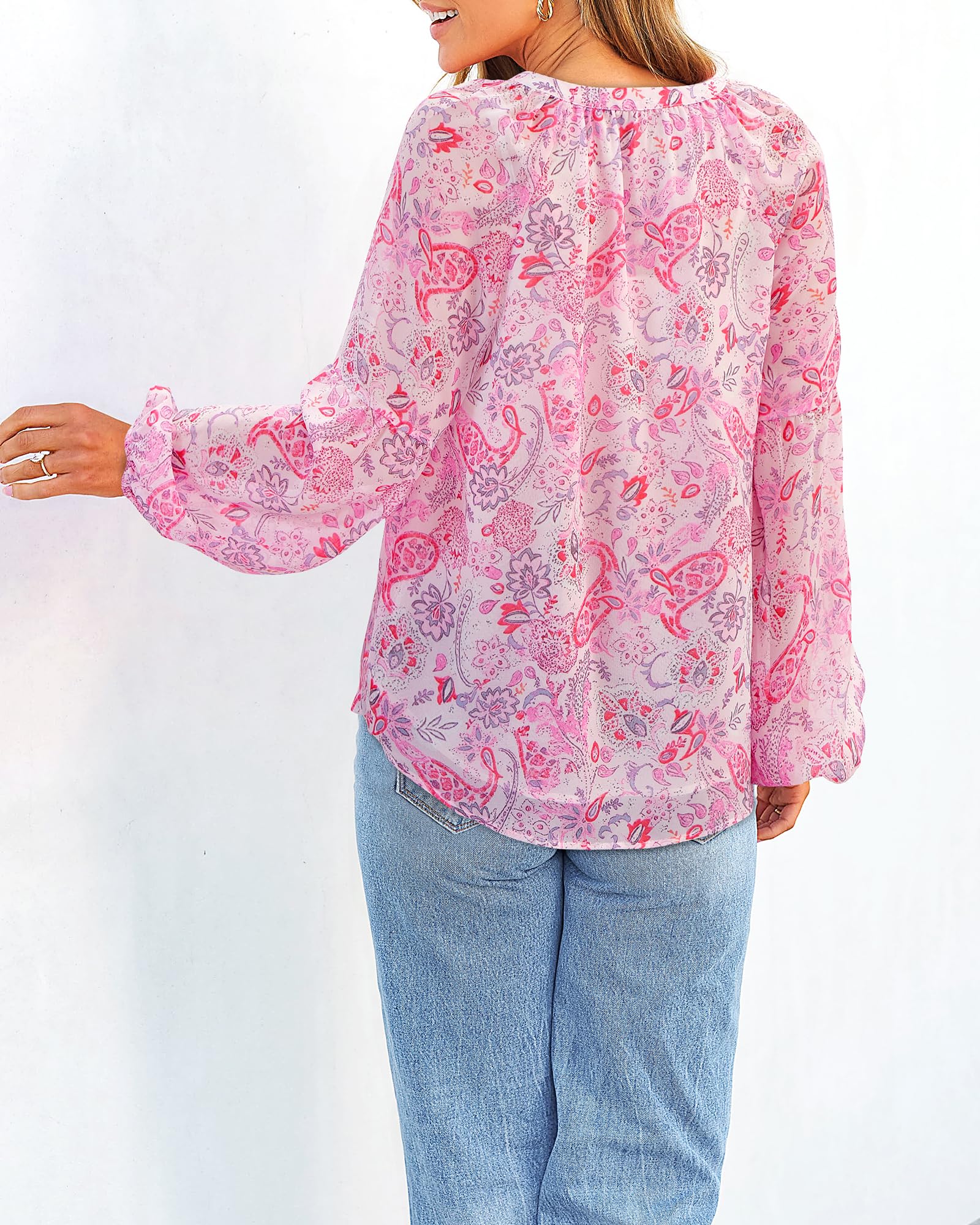 FreshPretty Blouses for Women Floral Boho Tops V Neck Lightweight Long Sleeve Shirts Fall Dressy Casual Vacation Outfits