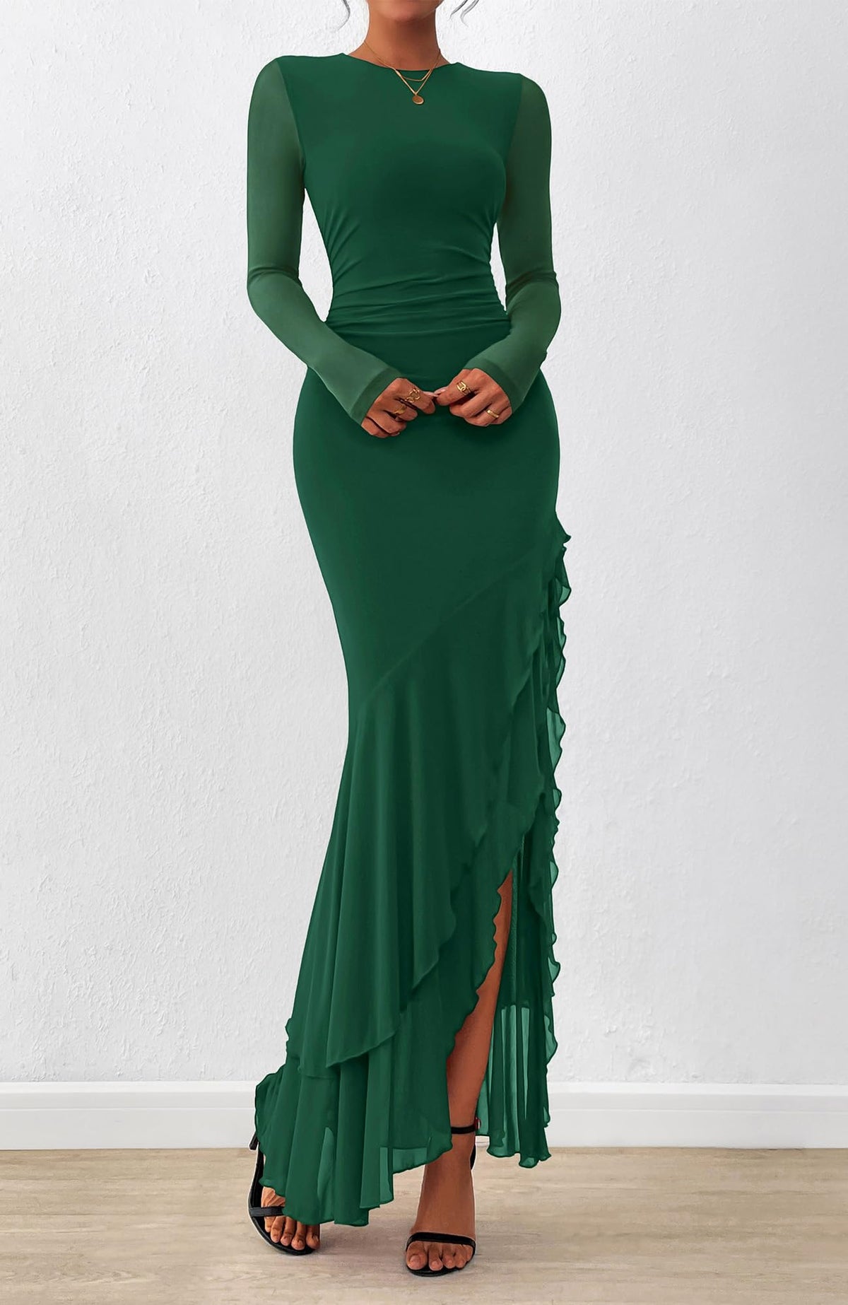 BTFBM Women's Maxi Dresses Fall Long Sleeve Wedding Guest Dress Mesh,Ruched,Bodycon,High Split,Solid Color,Ruffle, Mermaid,Cocktail Dresses,Prom,Party,Homecoming Dress,Fall Outfits