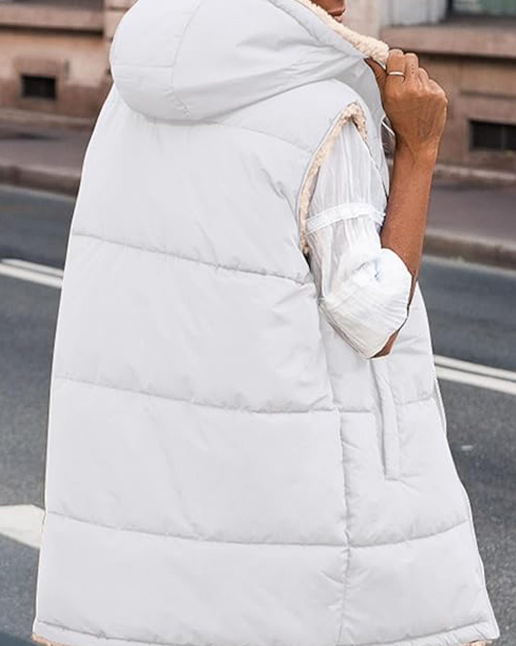 BTFBM Long Puffer Vest Women Fleece Sherpa Jacket Sleeveless Hooded Reversible Zip Up Winter Coat Fall Vests Outerwear