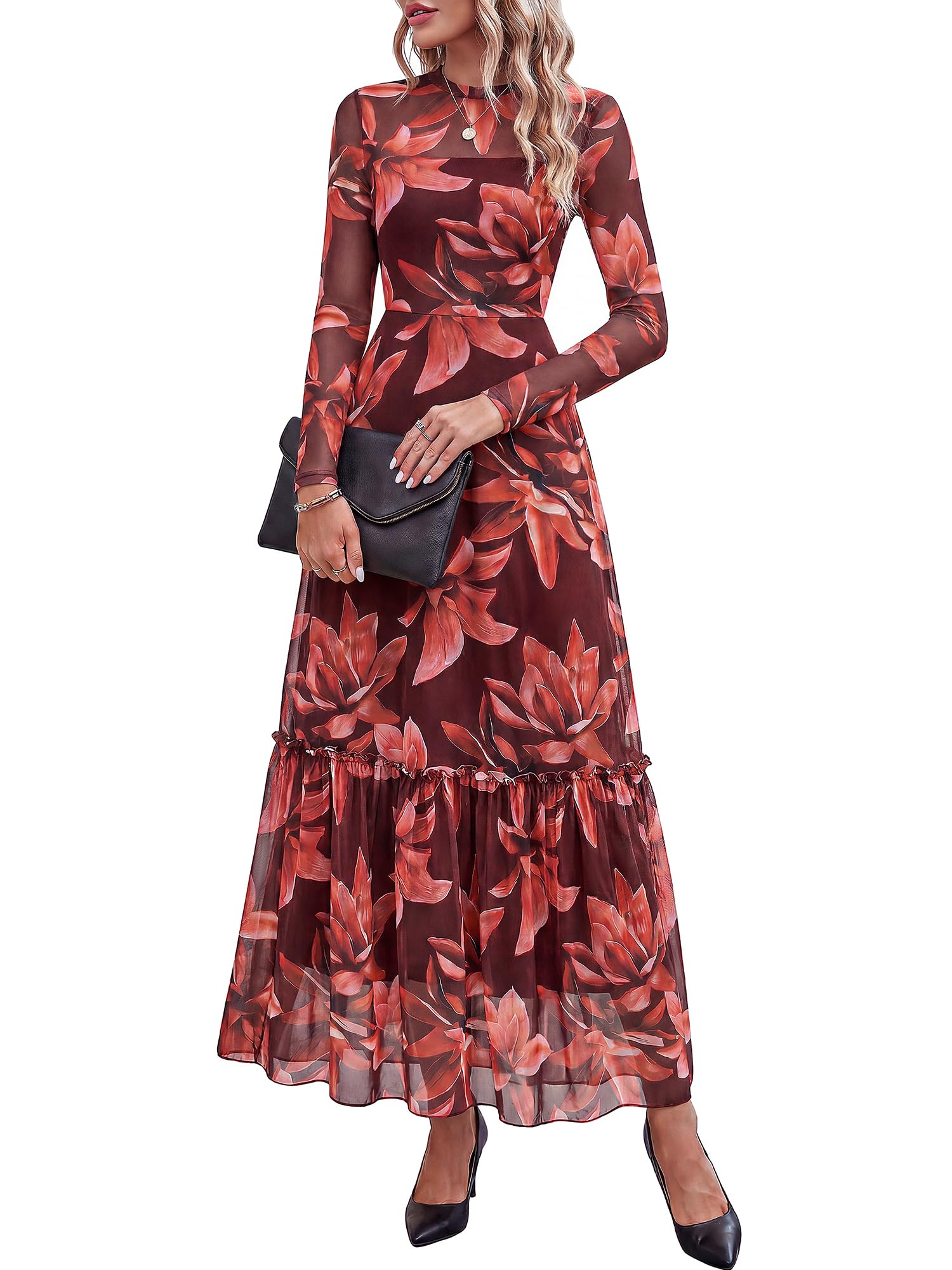 BTFBM Boho Mesh Long Sleeve Dress for Women | Mock Neck, Floral, A Line, Tiered, Graduation, Wedding, Cocktail Maxi Dresses, Fall Fashion, Resort Wear