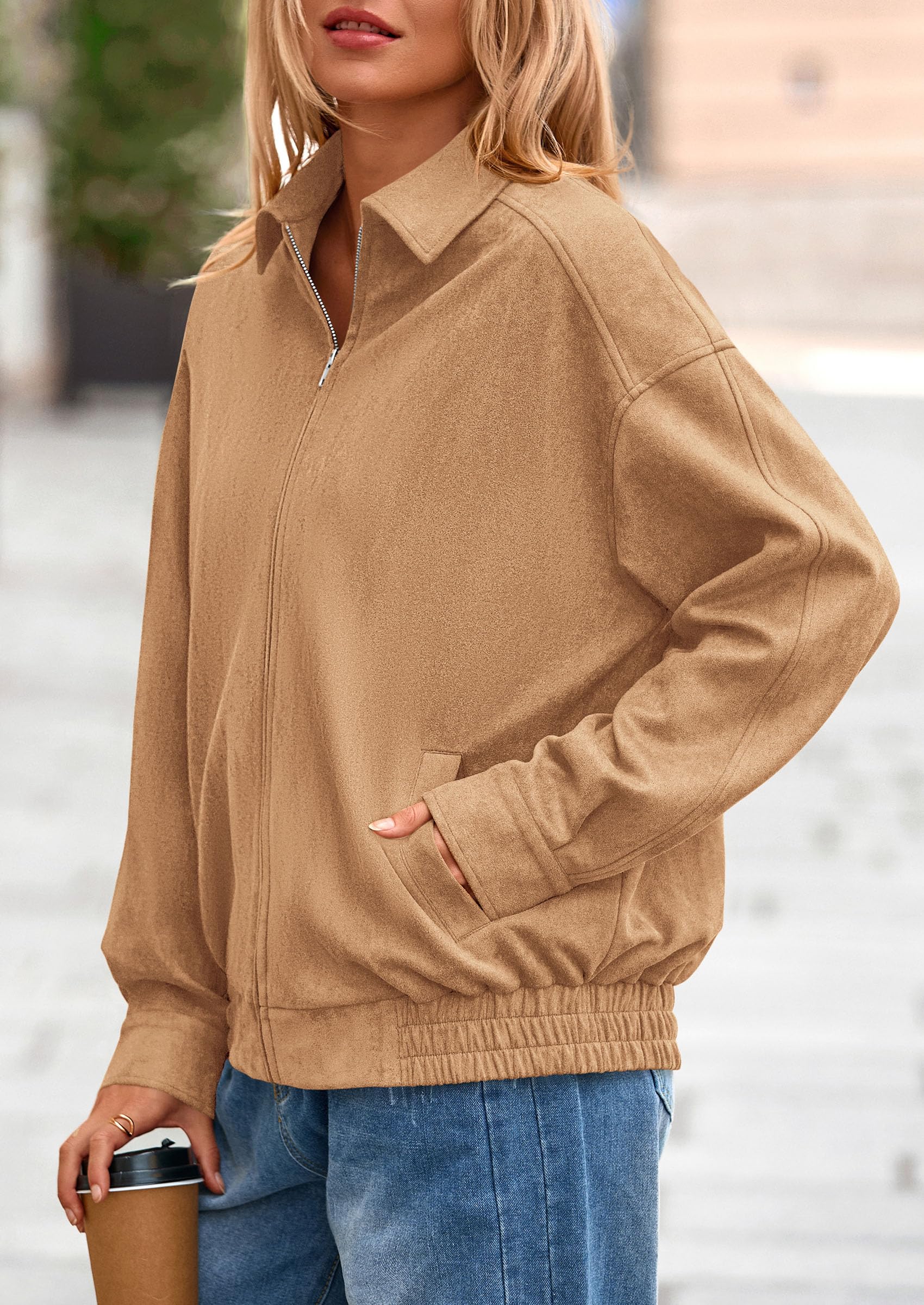 PRETTYGARDEN Faux Suede Bomber Jacket Women Fall Fashion Casual Zip Up Oversized Trendy Winter Clothing Outerwear Coats