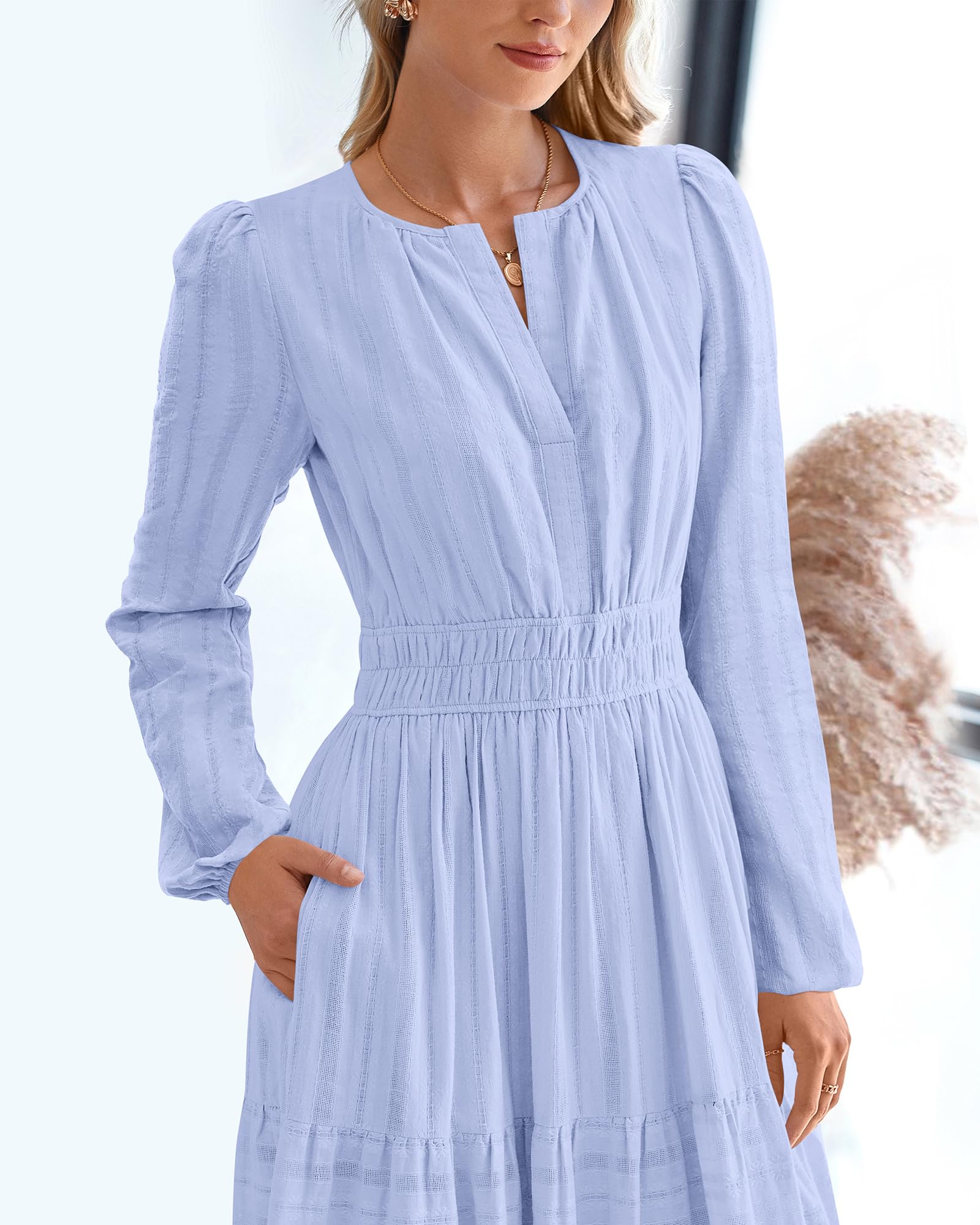 FreshPretty Fall Dresses for Women Casual Long Sleeve V Neck Elastic Waist Lightweight Maxi Wedding Guest Dress Pockets