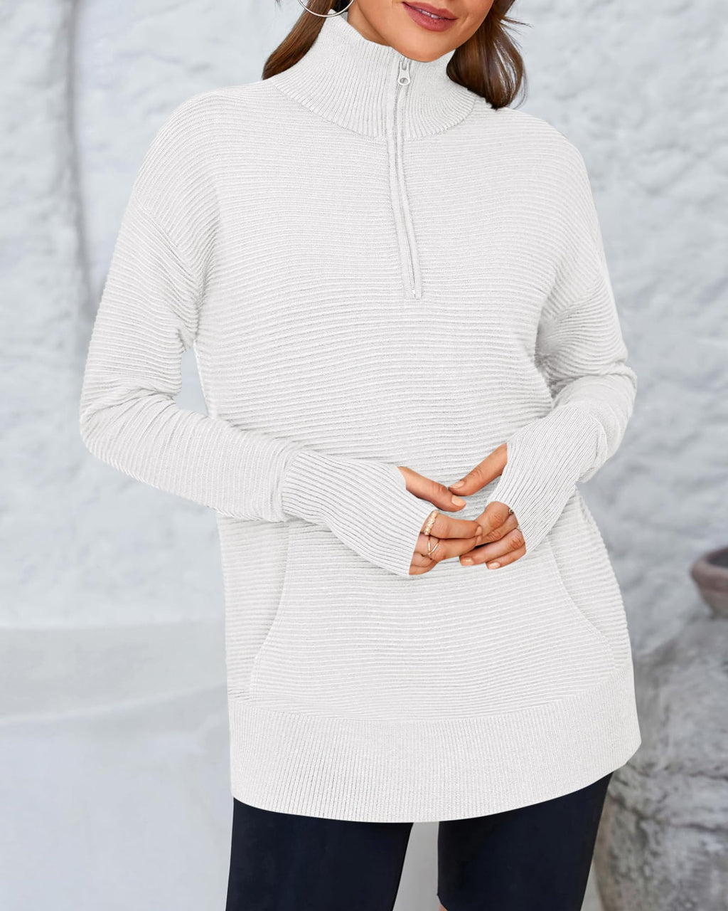 BTFBM Sweaters for Women Fall Clothes Pocket Quarter Zip Pullover V Neck Long Sleeve Knit Trendy Winter Sweater