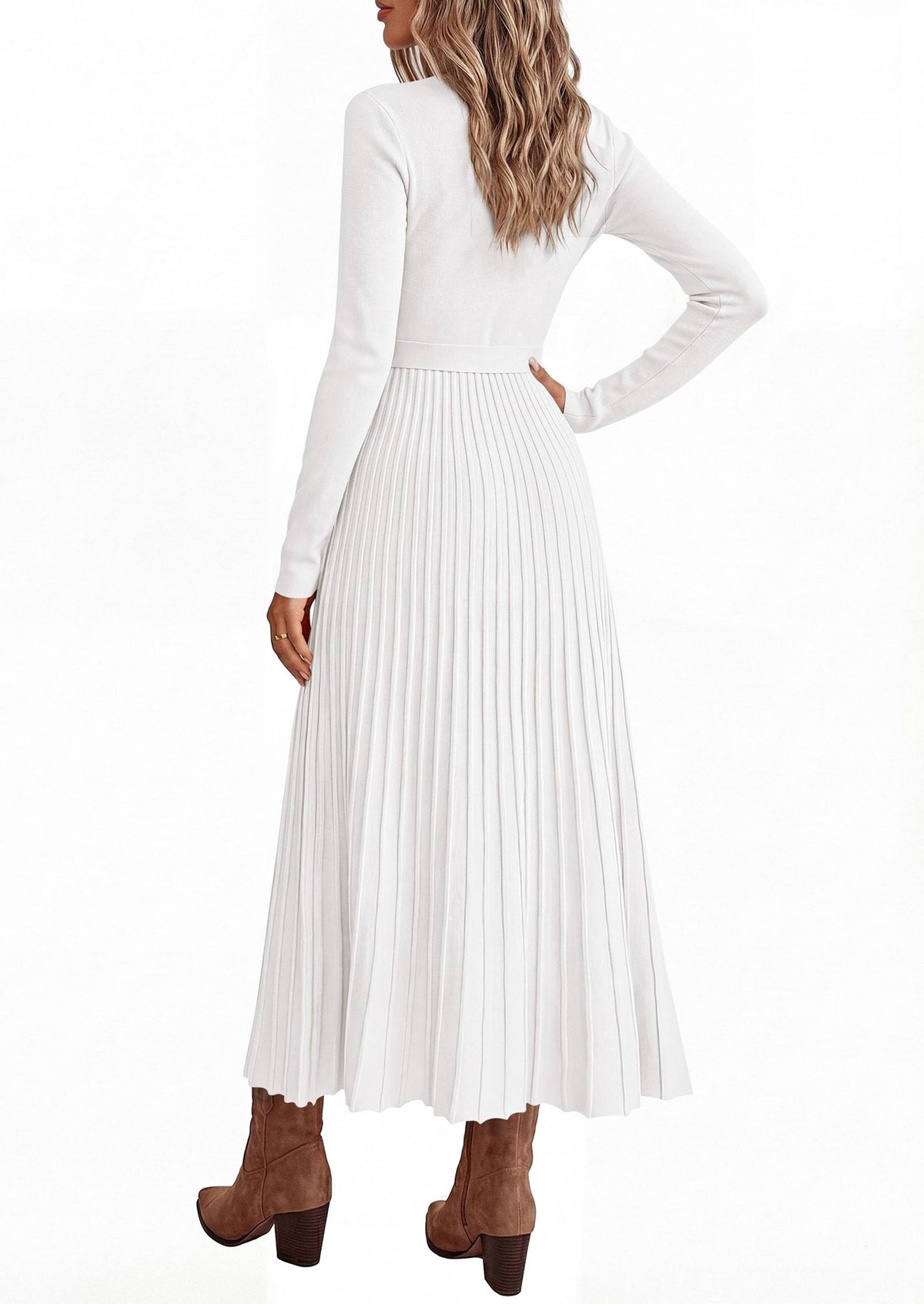 PRETTYGARDEN Womens Fall Maxi Long Sleeve Sweater Dress Soft Stretchy Knit, V Neck A Line Dresses with Bow, Flowy Pleated Hem, Cocktail Party Outfits, Trendy Winter Clothes