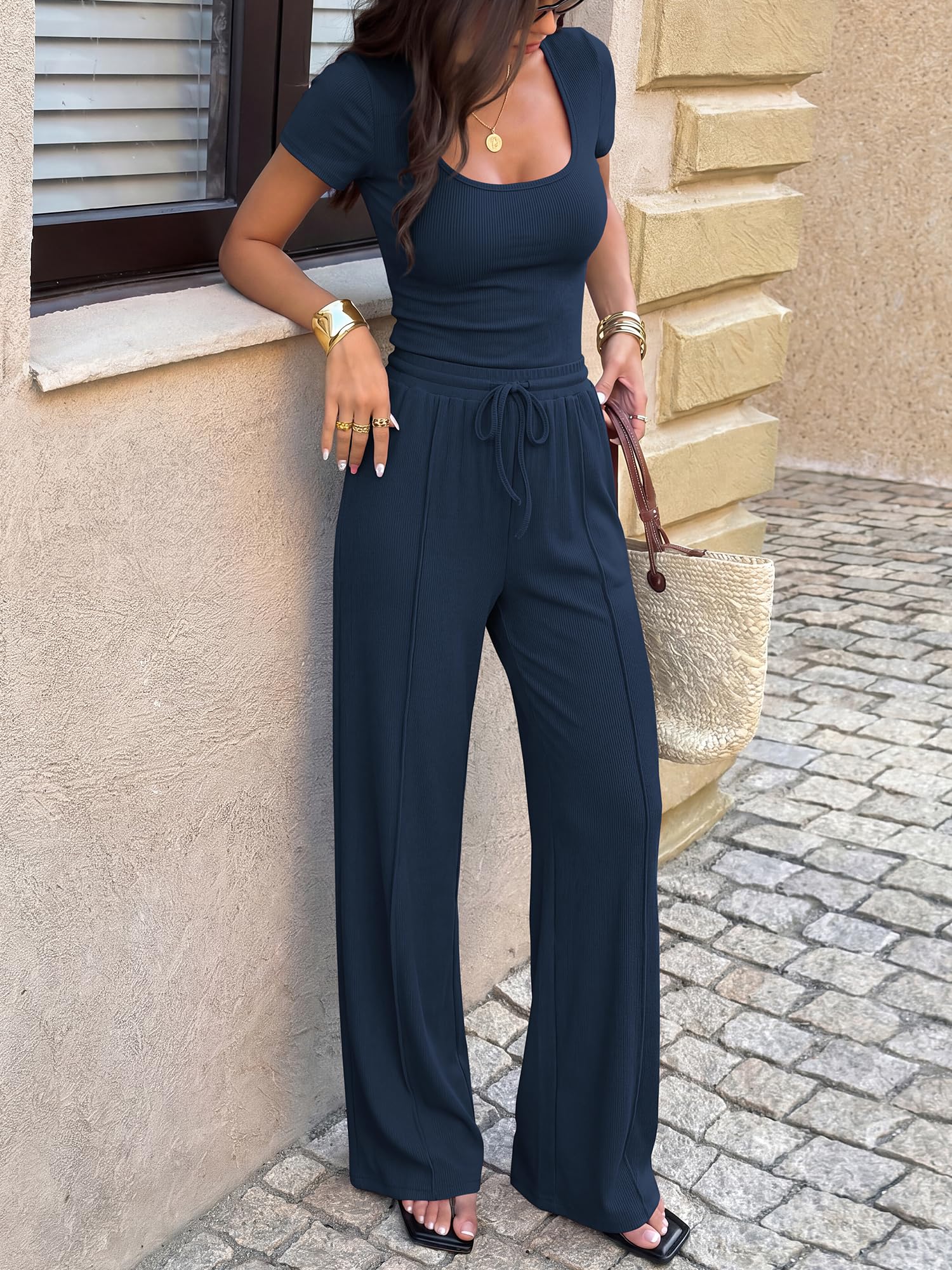 BTFBM Womens Summer 2 Piece Outfits Square Neck Short Sleeve Drawstring Pants Knit Spring Lounge Matching Sets