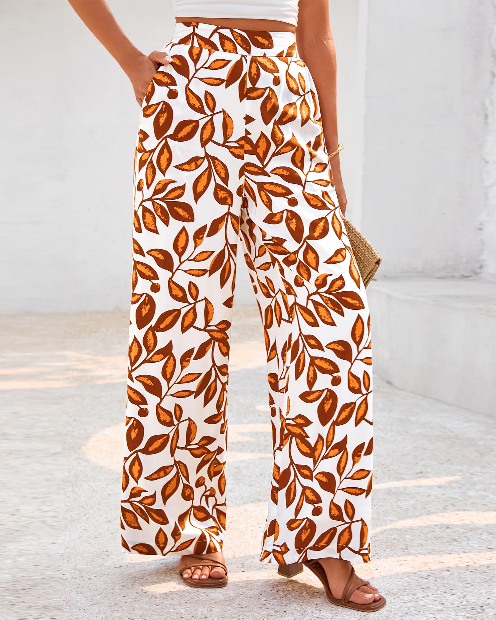 FreshPretty Womens Wide Leg Summer Pants Boho Beach Vacation Loose Elastic Waist Printed Palazzo Pant Pockets