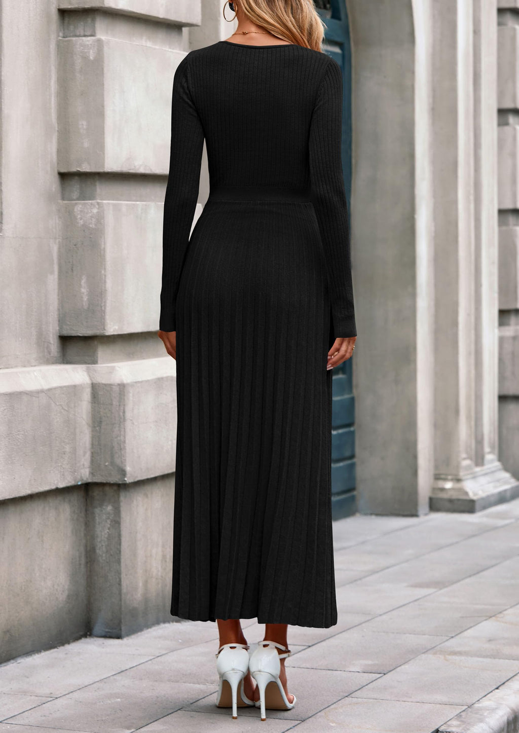 PRETTYGARDEN Women Sweater Dress Fall Fashion Long Sleeve V Neck Ribbed Knit Pleated A Line Elegant Maxi Winter Dresses