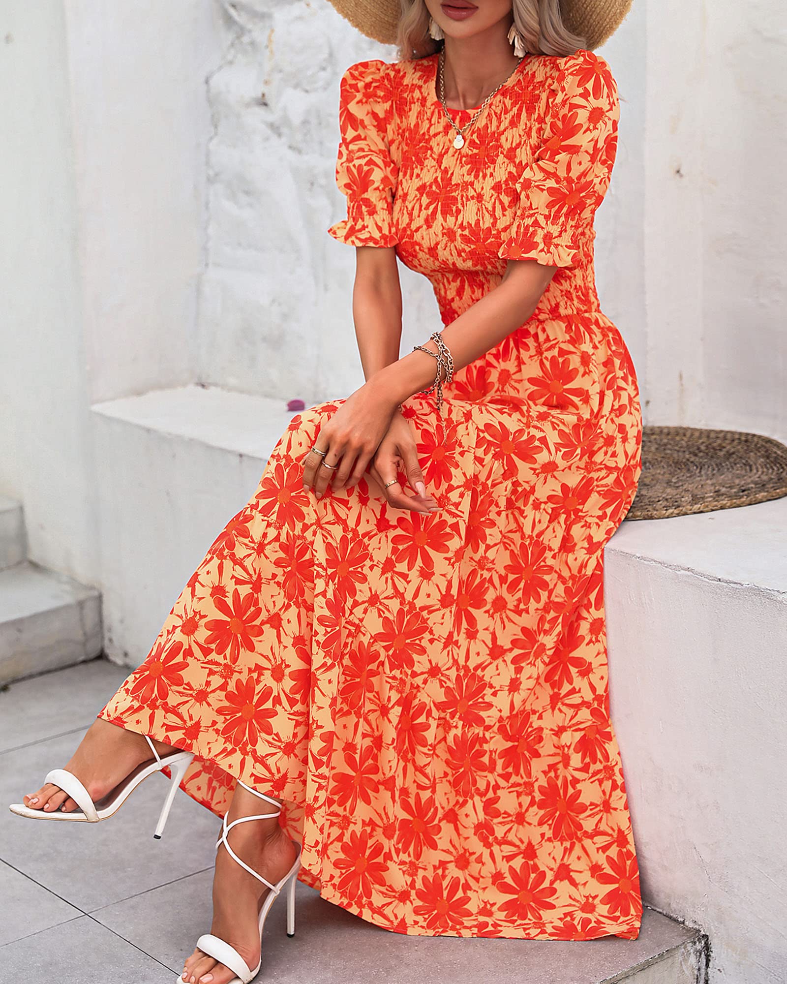 FreshPretty Women Casual Summer Dresses Spring Crew Neck Ruffle Short Sleeve Floral Print Smocked Boho Flowy Maxi Dress