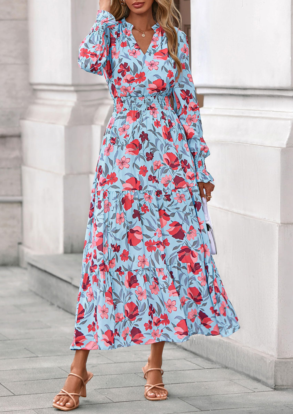 PRETTYGARDEN Women's Floral Maxi Dress Fall Long Sleeve V Neck Casual A Line Long Flowy Boho Party Dresses