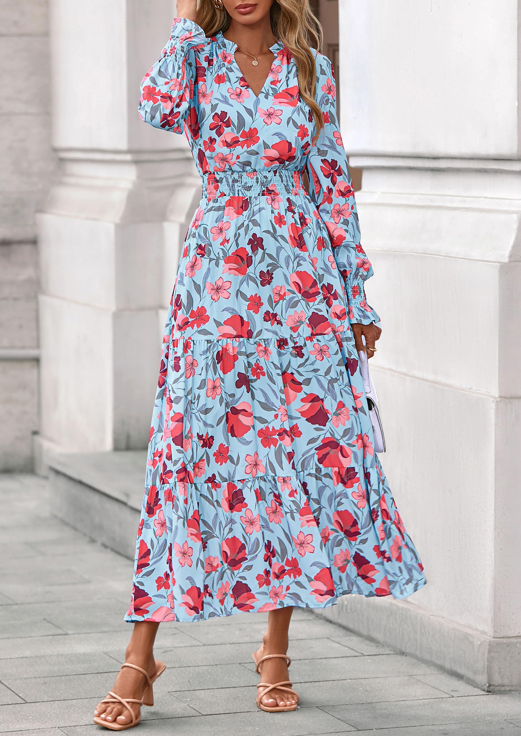 PRETTYGARDEN Women's Floral Maxi Dress Fall Long Sleeve V Neck Casual A Line Long Flowy Boho Party Dresses