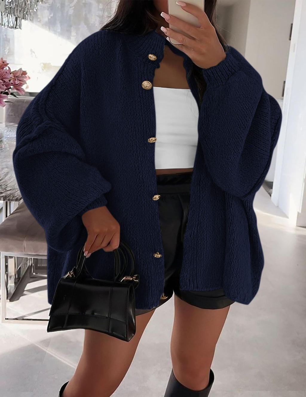 PRETTYGARDEN Women's Winter Button Down Cardigan Sweaters Mock Neck Lantern Long Sleeve Chunky Knit Jacket Trendy Outerwear