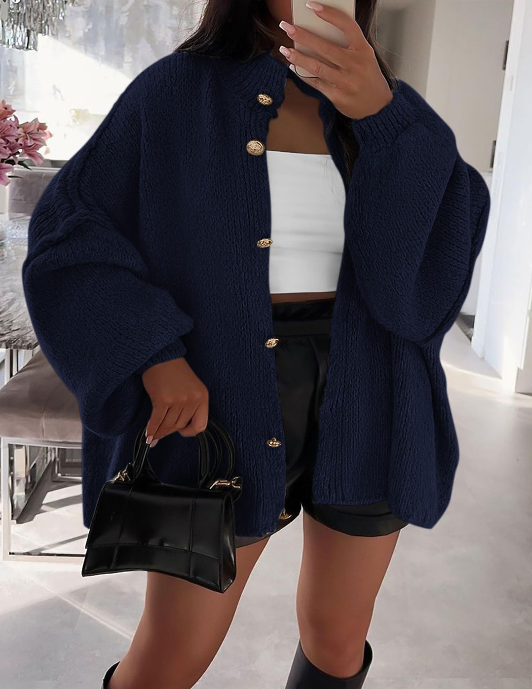 PRETTYGARDEN Women's Winter Button Down Cardigan Sweaters Mock Neck Lantern Long Sleeve Chunky Knit Jacket Trendy Outerwear