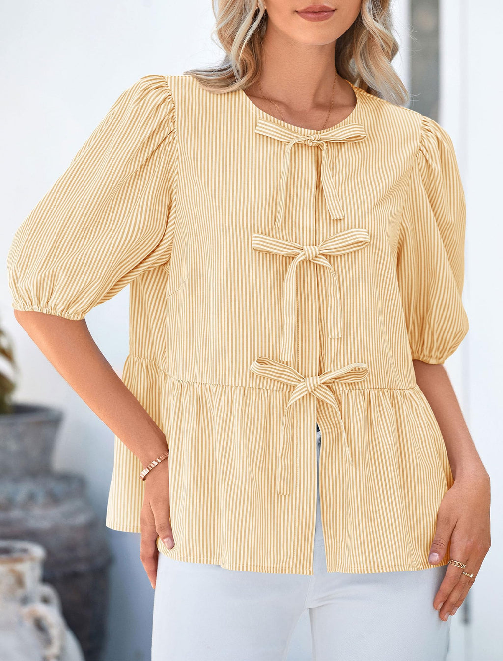 PRETTYGARDEN Women's Tie Front Striped Shirt Summer Trendy Fashion Cute Babydoll Tops Peplum Puffy Sleeve Blouse