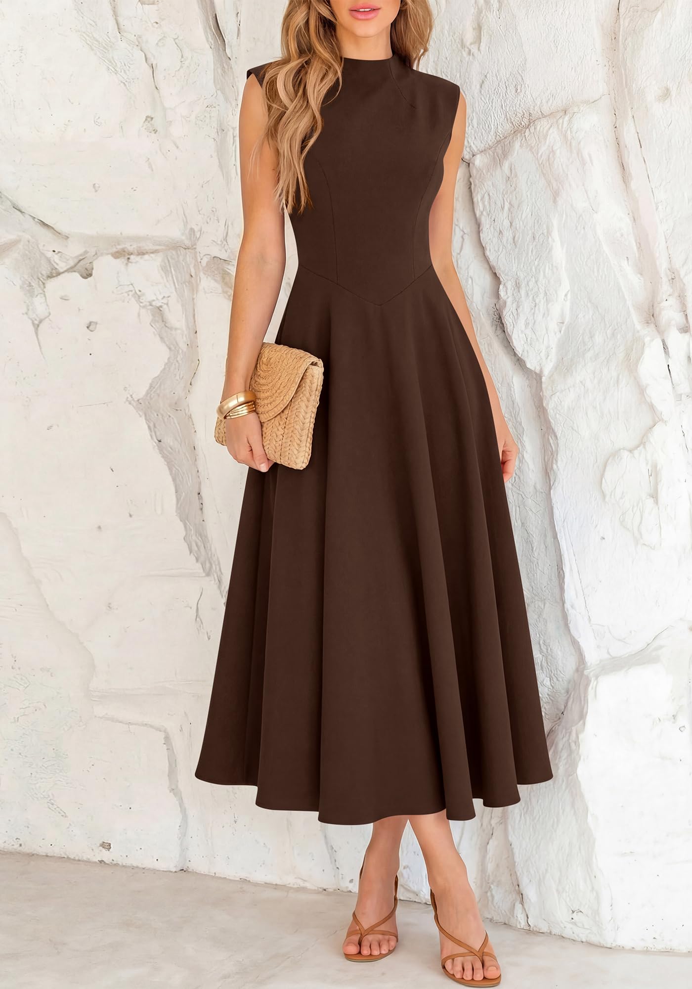 BTFBM Summer Dresses for Women Mock Neck Sleeveless High Waist Flowy Aline Maxi Spring Wedding Guest Dress Cocktail