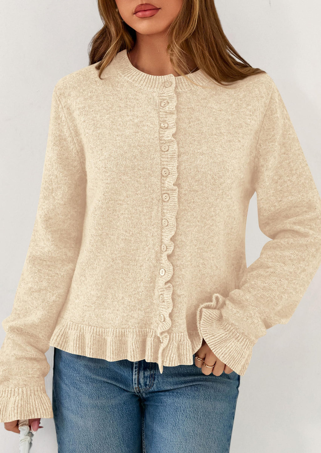 PRETTYGARDEN Womens Fall Button Down Cardigans Chunky Knit Ruffle Open Front Cropped Cardigan Sweaters Soft Long Sleeve Tops