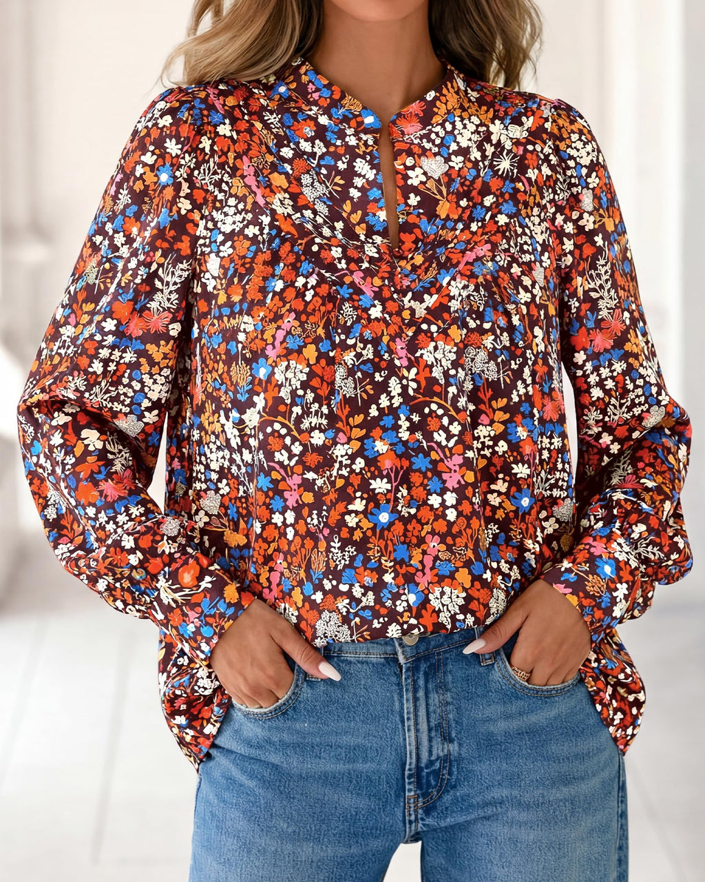 BTFBM Womens Tops Dressy Casual Spring Boho Floral V Neck Long Sleeve Half Button Down Shirt Work Business Blouses