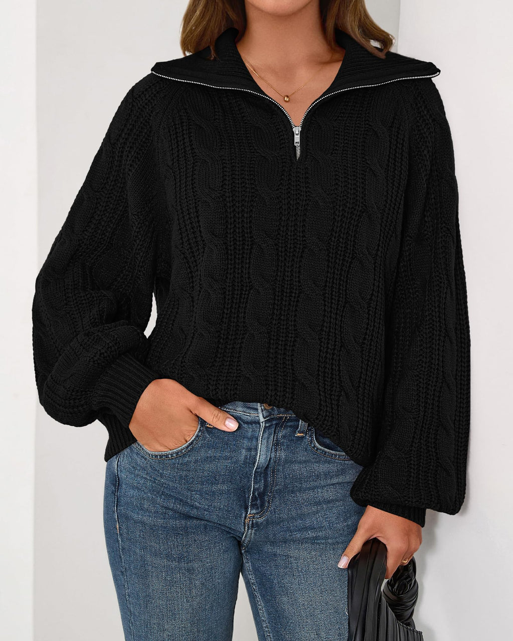 BTFBM Sweaters for Women Fall Fashion Loose Quarter Zip Pullover Collared Long Sleeve Cable Knit Winter Clothes