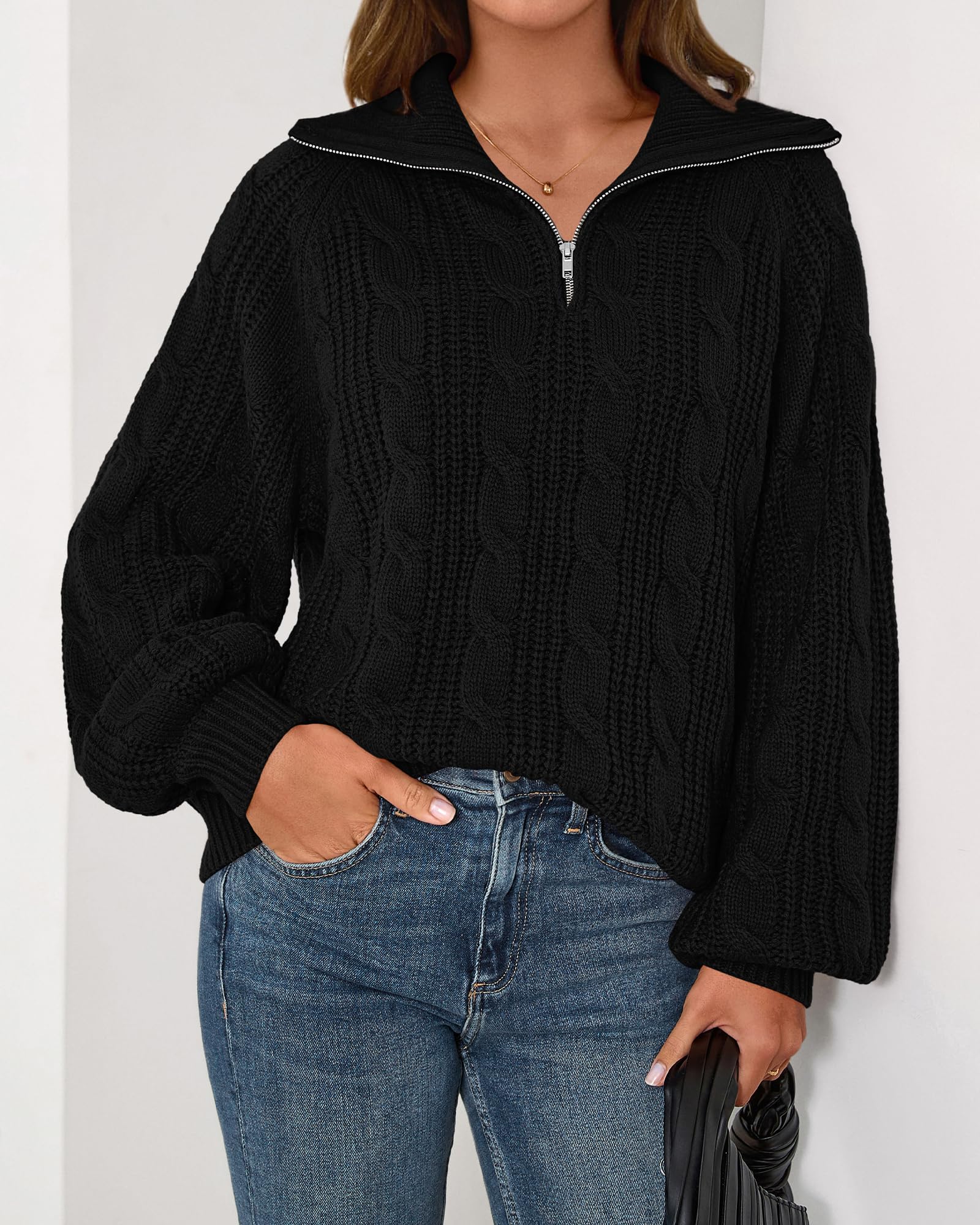BTFBM Sweaters for Women Fall Fashion Loose Quarter Zip Pullover Collared Long Sleeve Cable Knit Winter Clothes