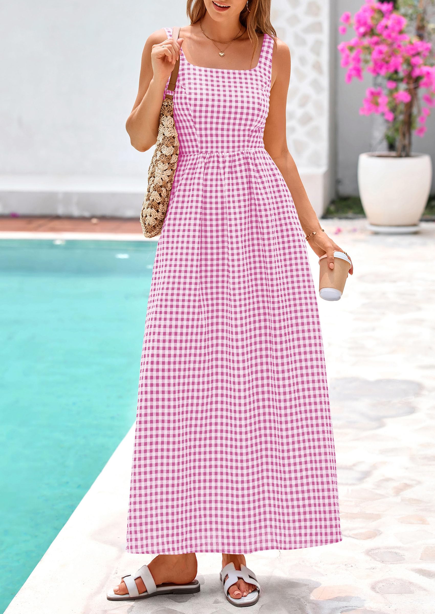 PRETTYGARDEN Women's Summer Spaghetti Strap Maxi Dresses Plaid Square Neck A Line Casual Beach Vacation Long Sundress