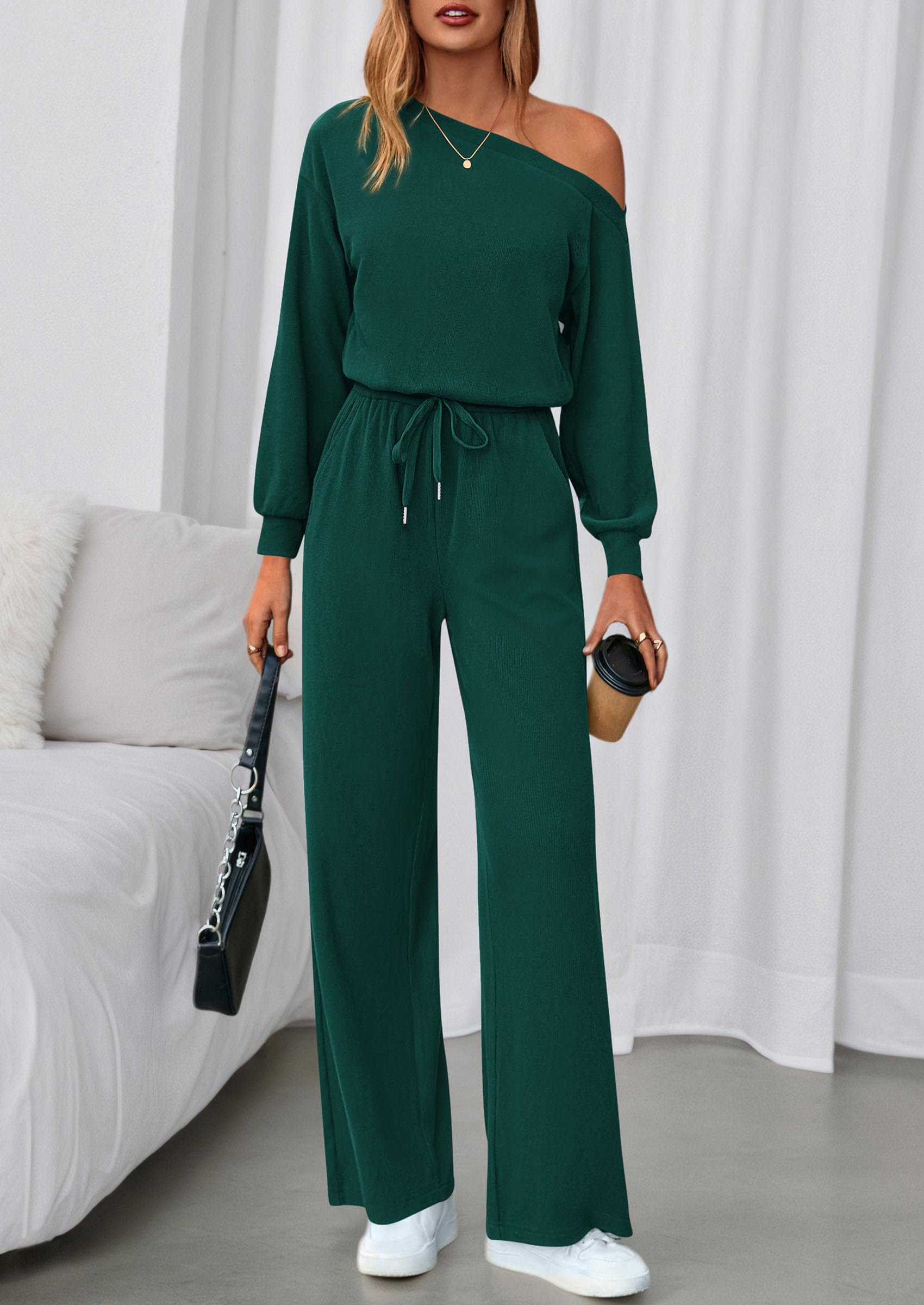 PRETTYGARDEN Long Sleeve Jumpsuit For Women Dressy Off Shoulder One Piece Loose Wide Leg Jumpsuits Casual Flowy Romper