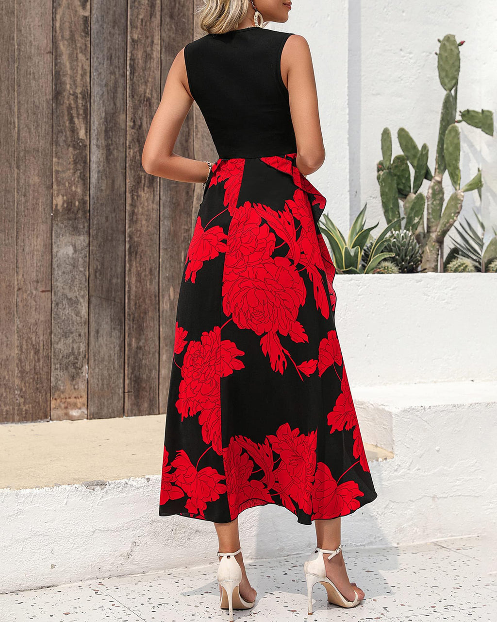 FreshPretty Women Casual Sleeveless Summer Dresses Spring Crewneck Patchwork Boho Floral Ruffle Cocktail Party Midi Dress