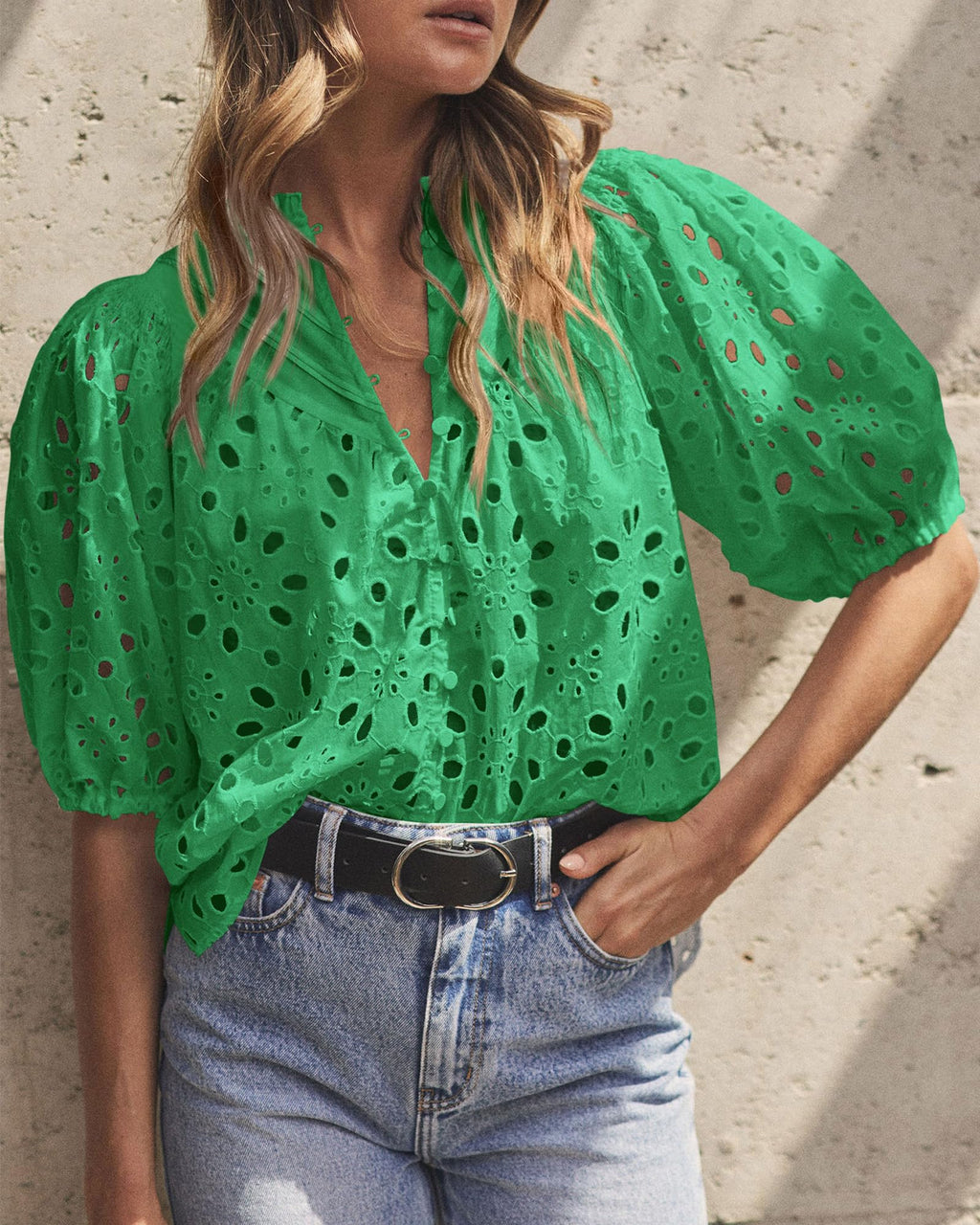 PRETTYGARDEN Women's Summer Tops Dressy Casual Short Sleeve V Neck Buttons Hollow Out Lace Embroidered Blouses Shirts