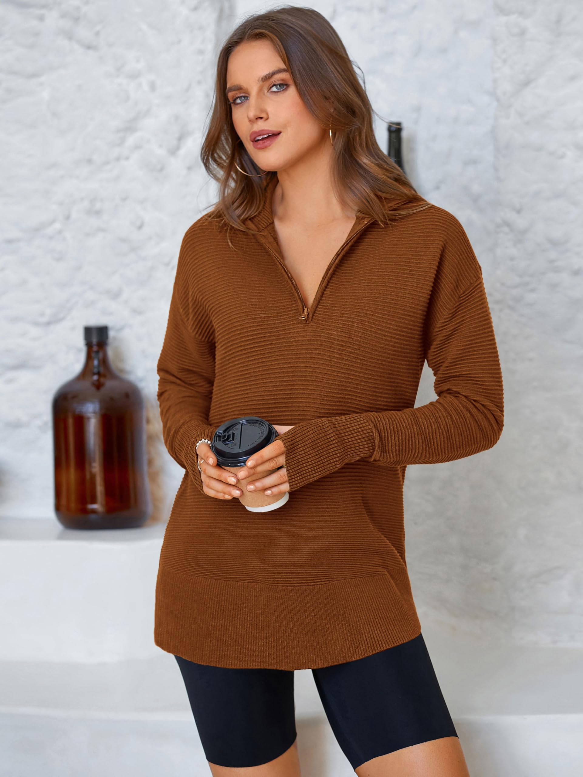 PRETTYGARDEN Womens Long Sleeve Quarter Zip Pullover Sweater Casual Loose V Neck Collared Ribbed Knit Jumper Tops Thumb Hole